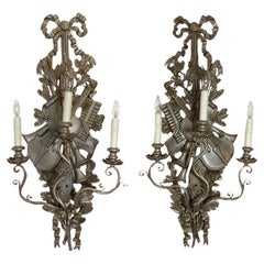 Antique French Wooden Carved Silver Leaf Wall Sconces