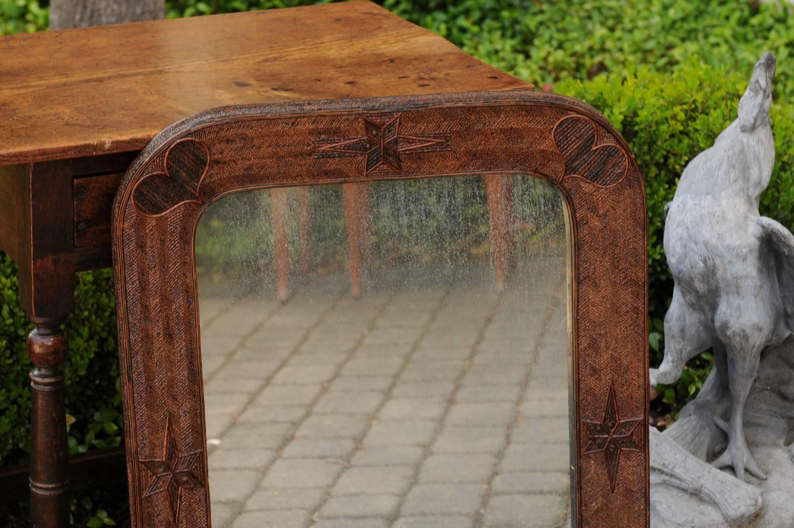 French Wooden Folk Art Mirror from the 1920s with Star and Heart Motifs In Good Condition In Atlanta, GA