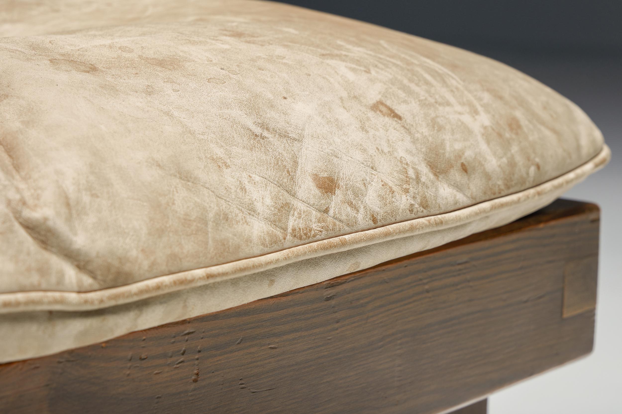 Mid-Century Modern French Wooden Footstool with Leather Cushion, 1960s For Sale