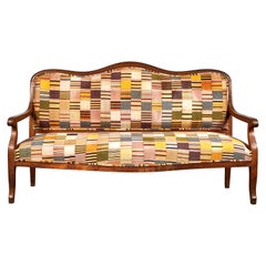 French Wooden Framed Camelback Bench in Ewe Fabric from Ghana