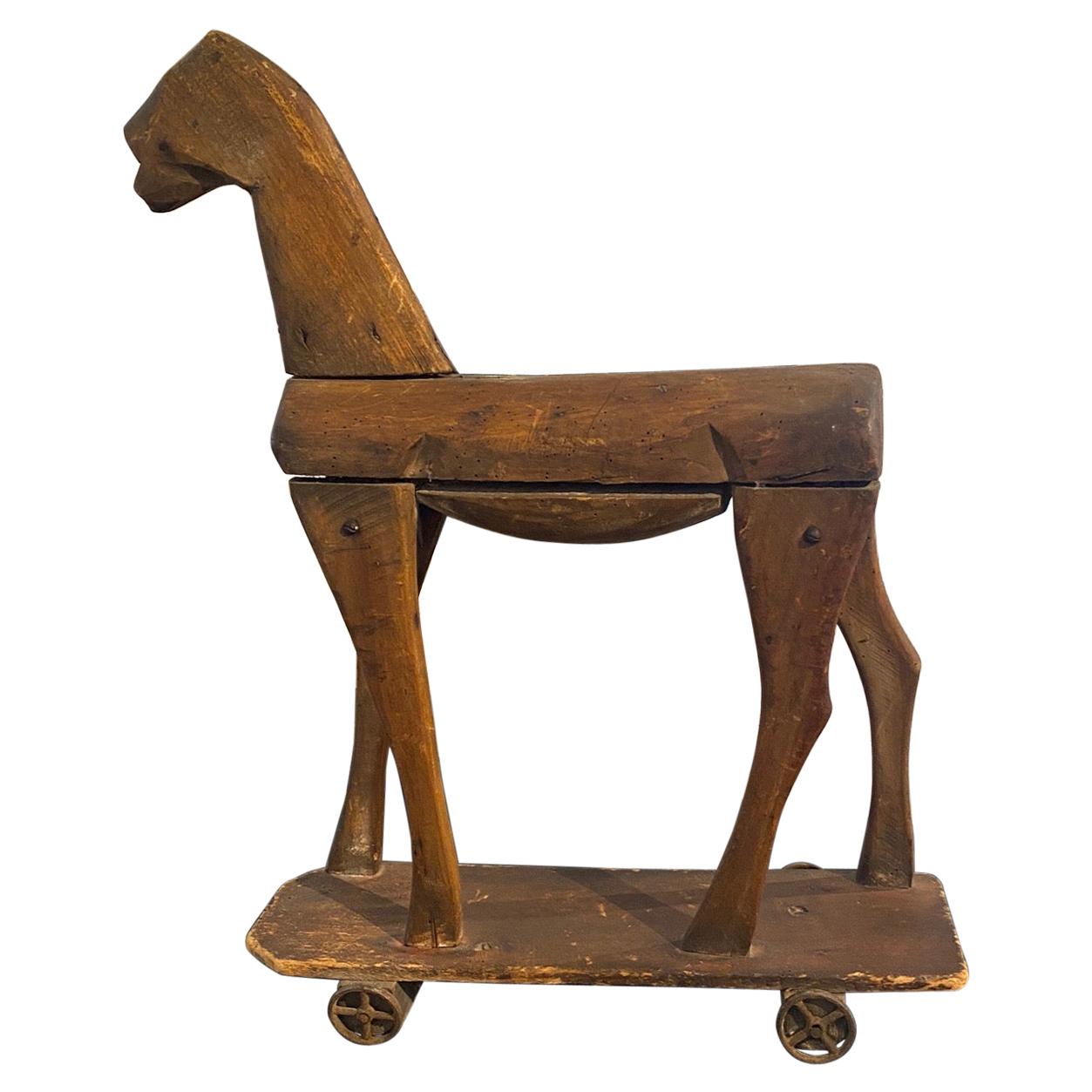 French Wooden Horse Toy on Wheels, Early 19th Century For Sale
