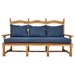 French Wooden Ladder Back Sofa Upholstered in Blue Linen