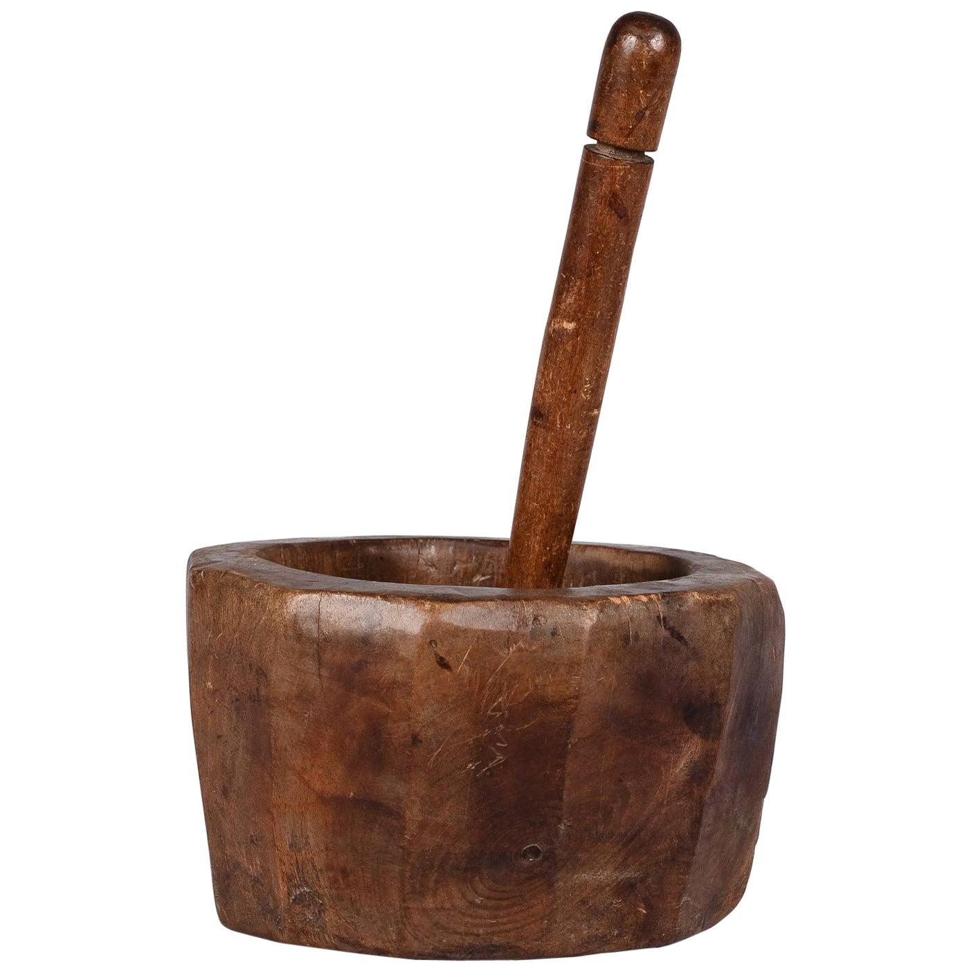 French Wooden Mortar and Pestle, Early 1900s