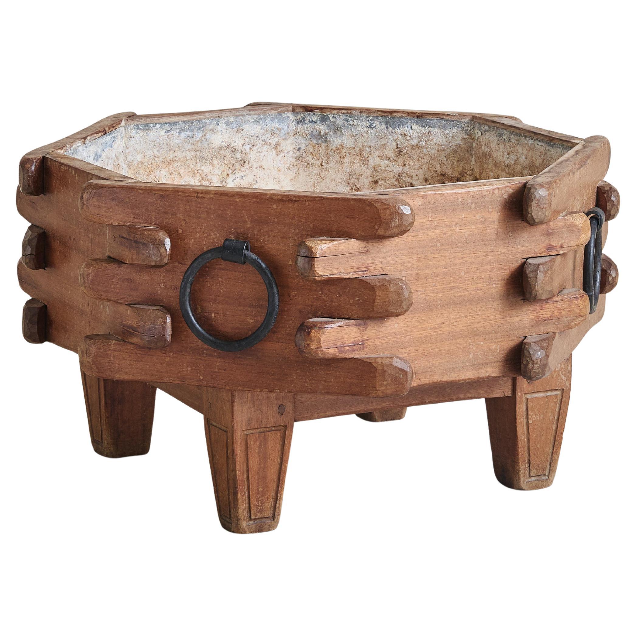 French Wooden Planter with Iron Handles in the Style of Guillerme et Chambron