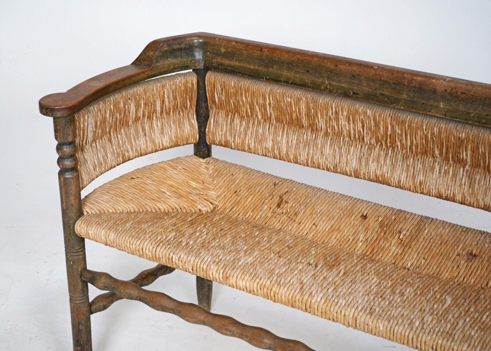 Folk Art French Wooden Rush Seat Bobbin 3 Seater Bench