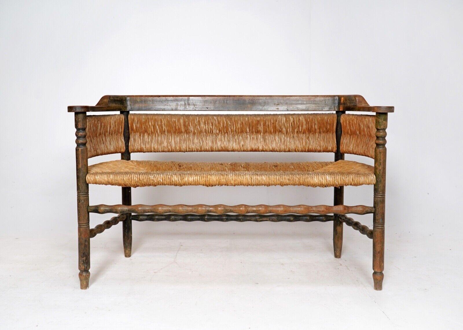 20th Century French Wooden Rush Seat Bobbin 3 Seater Bench
