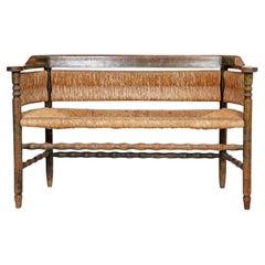 French Wooden Rush Seat Bobbin 3 Seater Bench