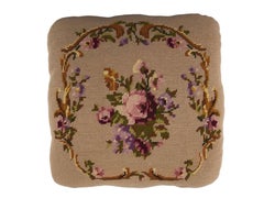 French Wooden Square Foot Stool with Floral Embroidery and Cream, Early 1900s