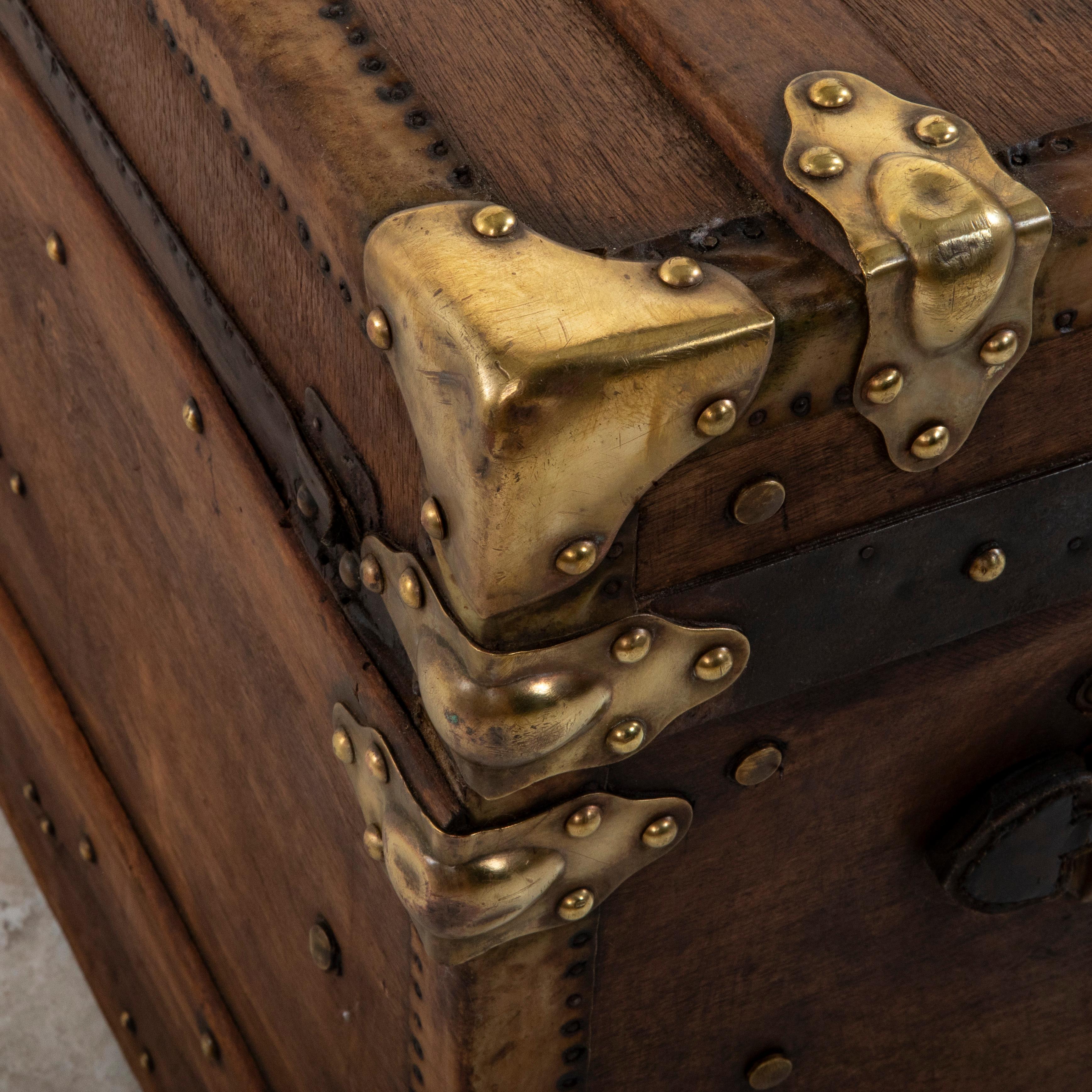 French Wooden Steam Trunk with Runners, Brass, and Leather Details, circa 1880 11