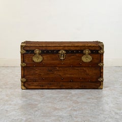 French Wooden Steam Trunk with Runners, Brass, and Leather Details, circa 1880