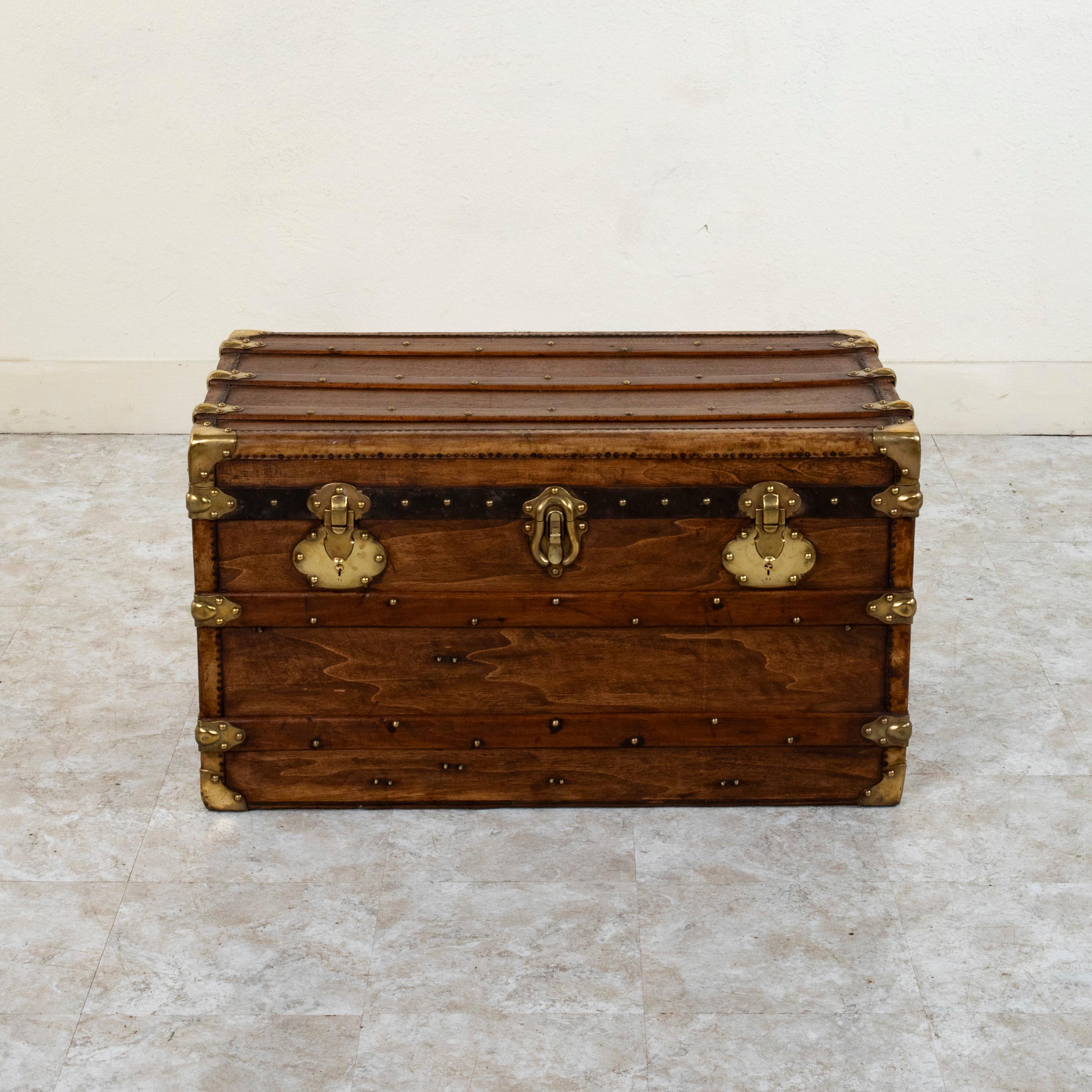 French Wooden Steam Trunk with Runners, Brass, and Leather Details, circa 1880 In Good Condition In Fayetteville, AR
