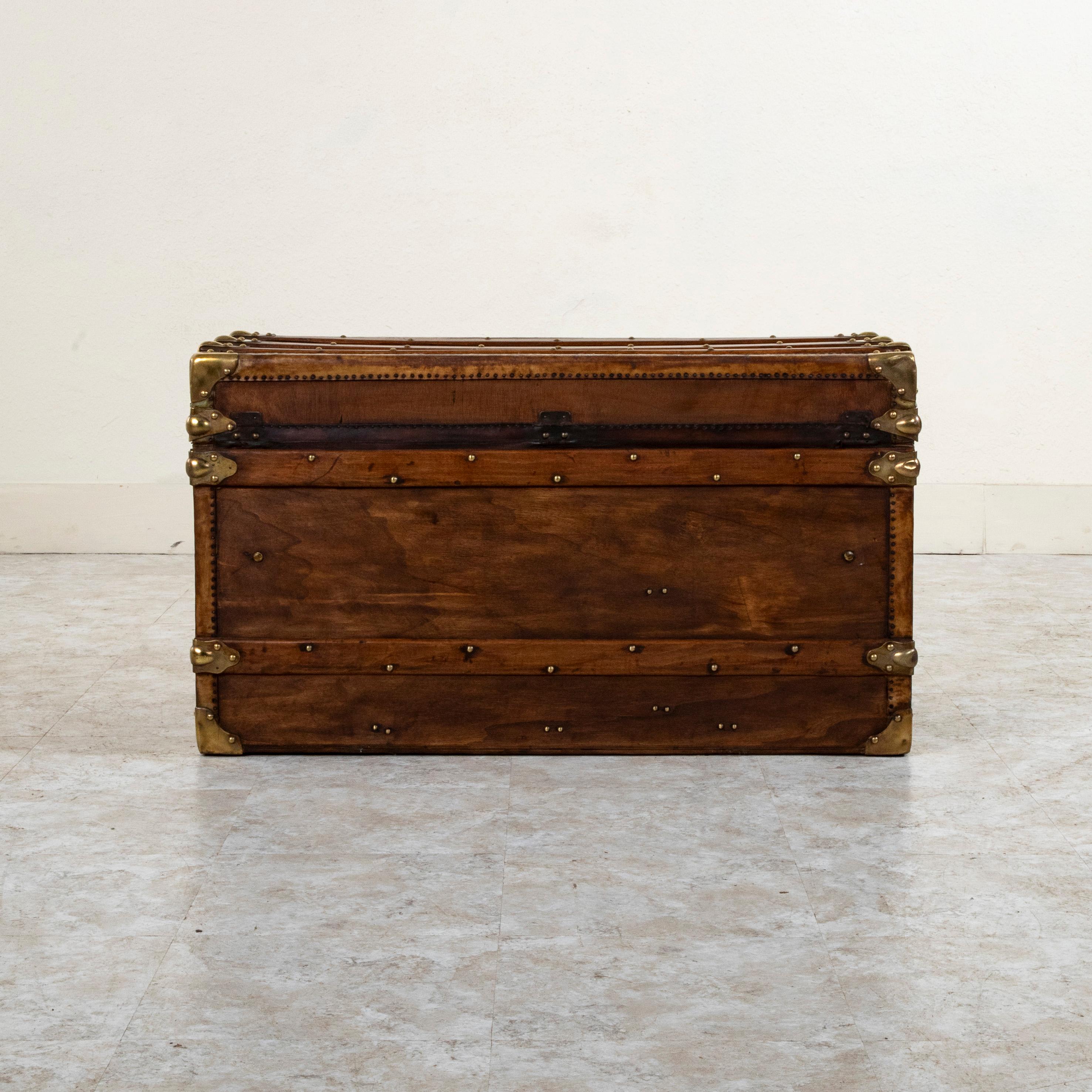 French Wooden Steam Trunk with Runners, Brass, and Leather Details, circa 1880 1