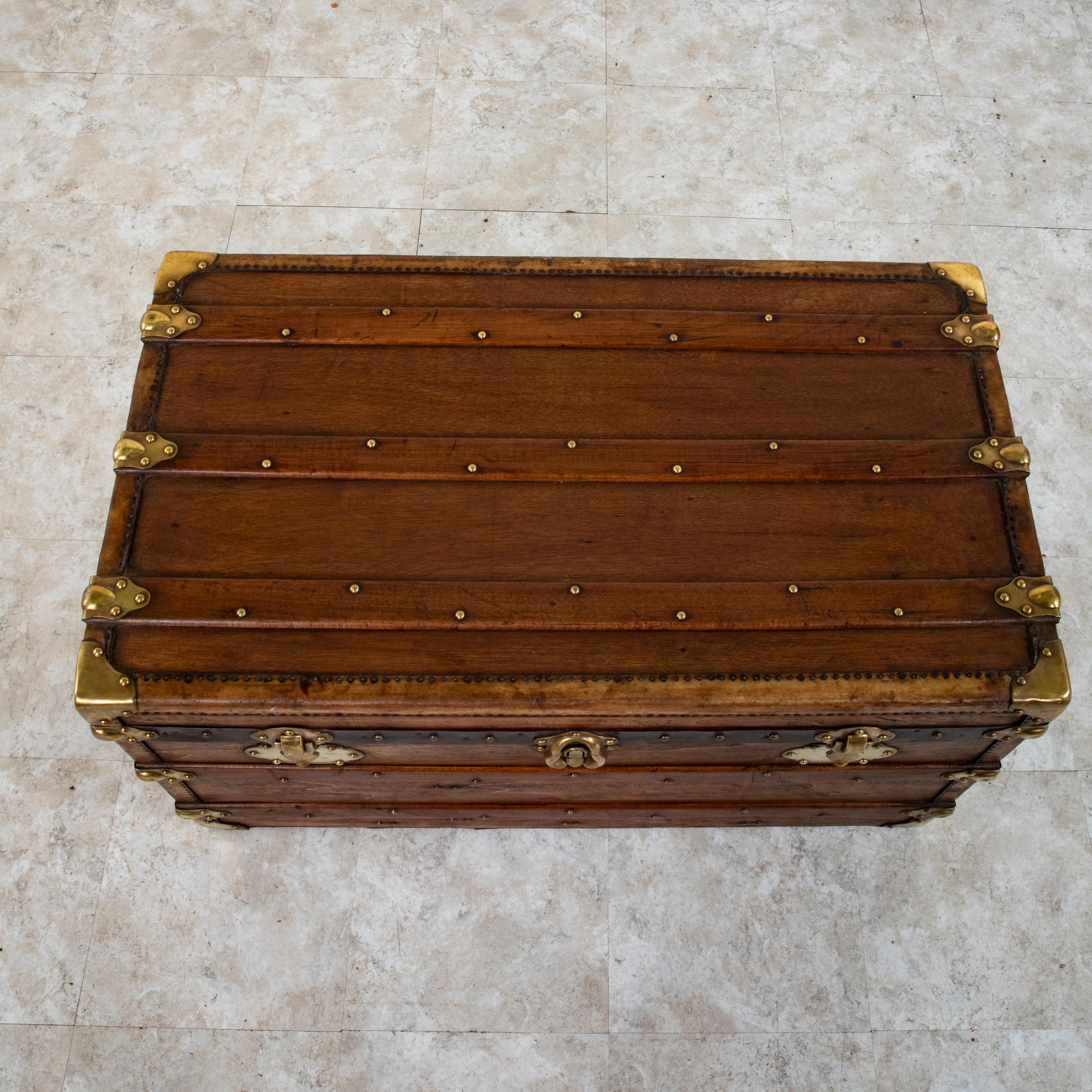 French Wooden Steam Trunk with Runners, Brass, and Leather Details, circa 1880 5