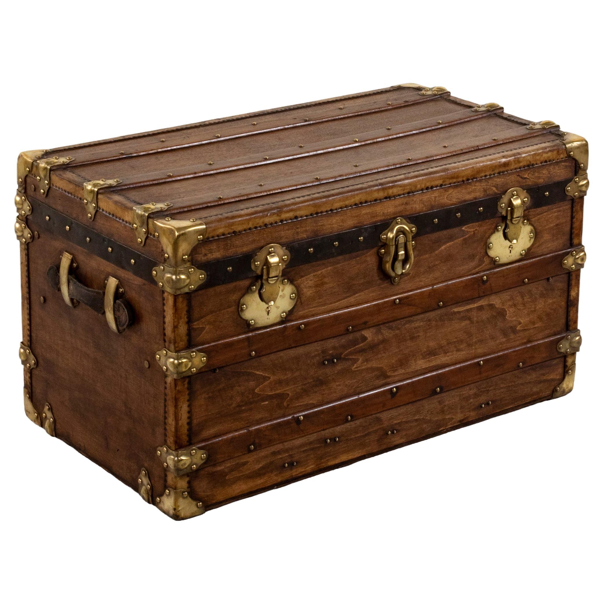 French Wooden Steam Trunk with Runners, Brass, and Leather Details, circa 1880