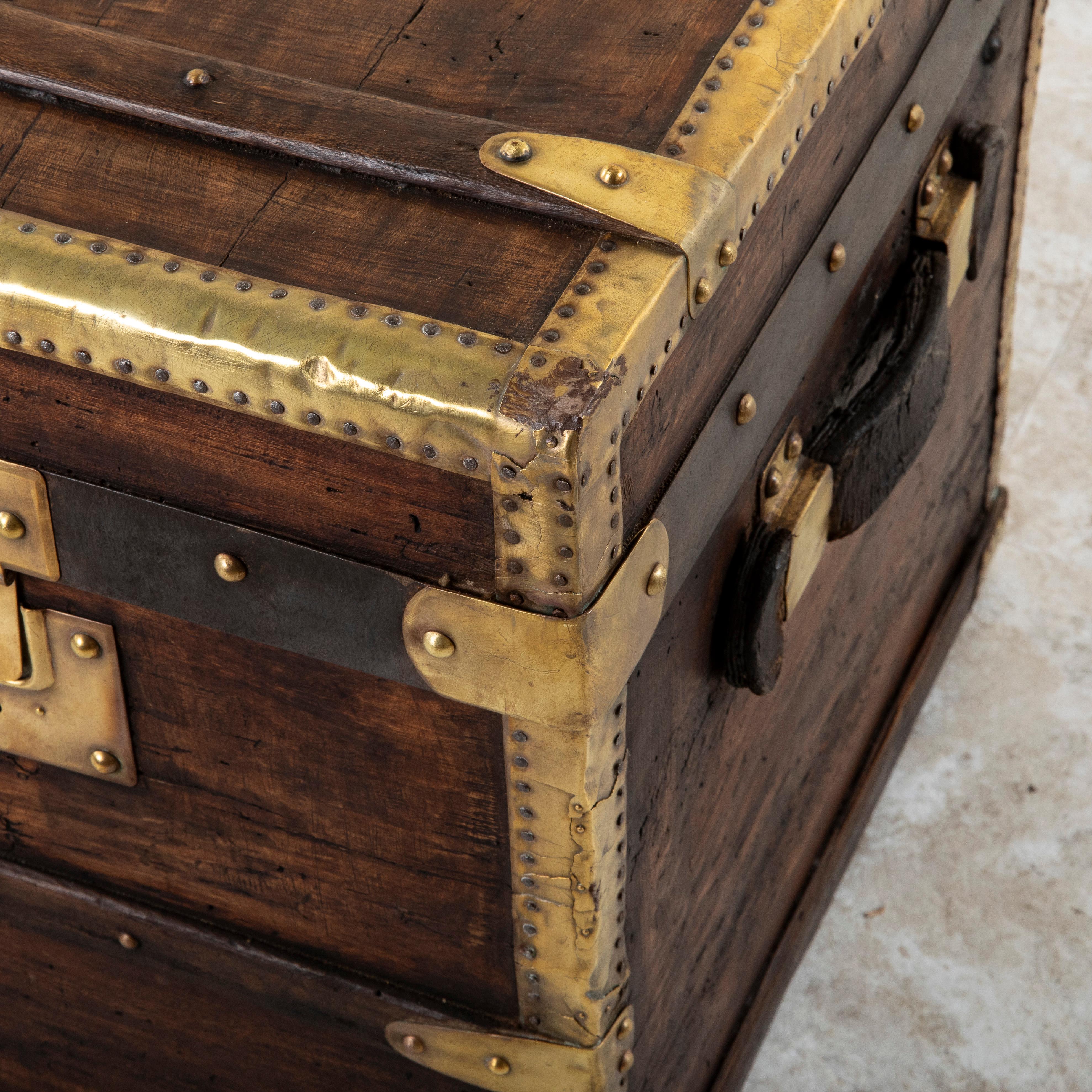 French Wooden Steam Trunk with Runners, Brass, Iron, Leather Details, circa 1880 For Sale 10