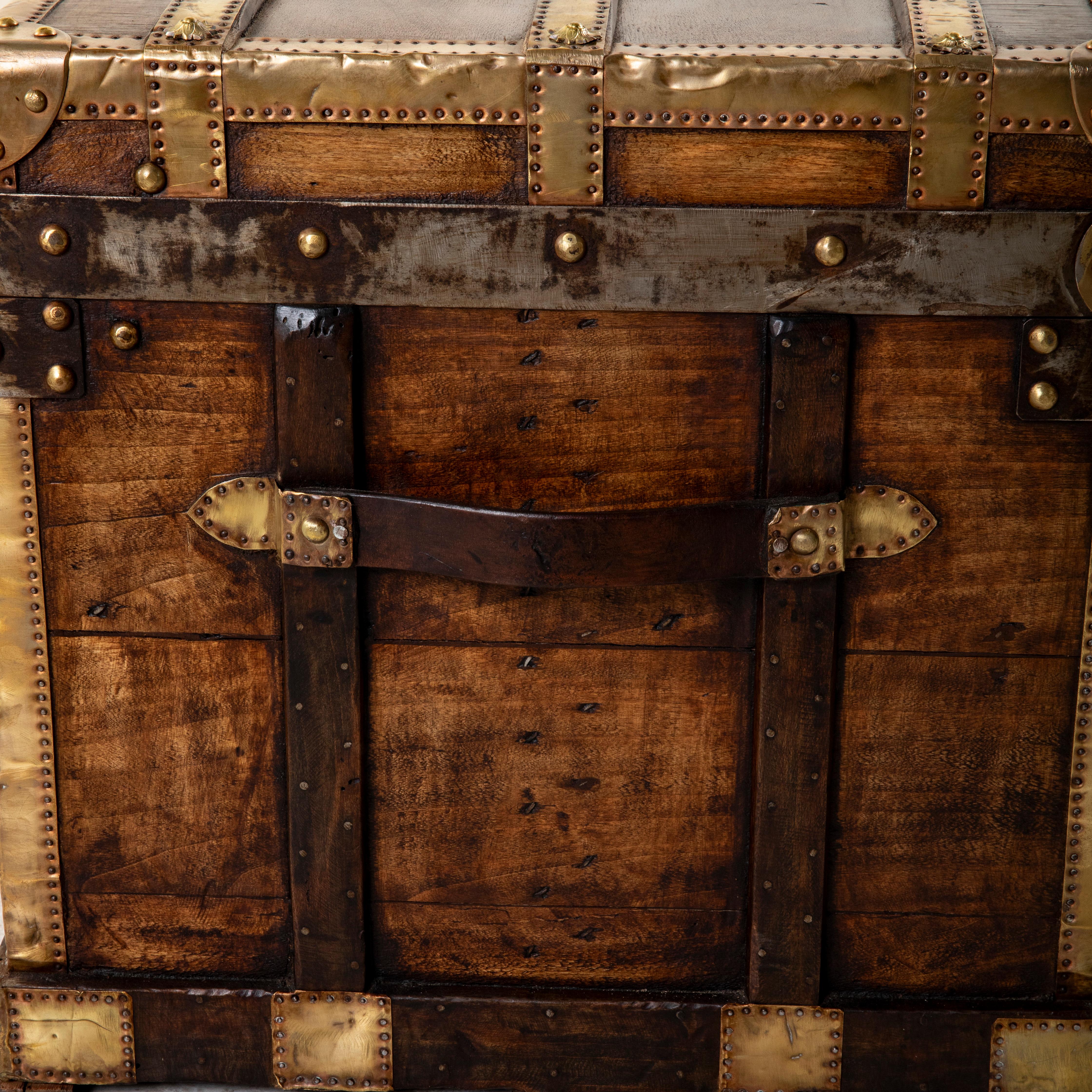 French Wooden Steam Trunk with Runners, Brass, Iron, Leather Details, circa 1880 For Sale 11