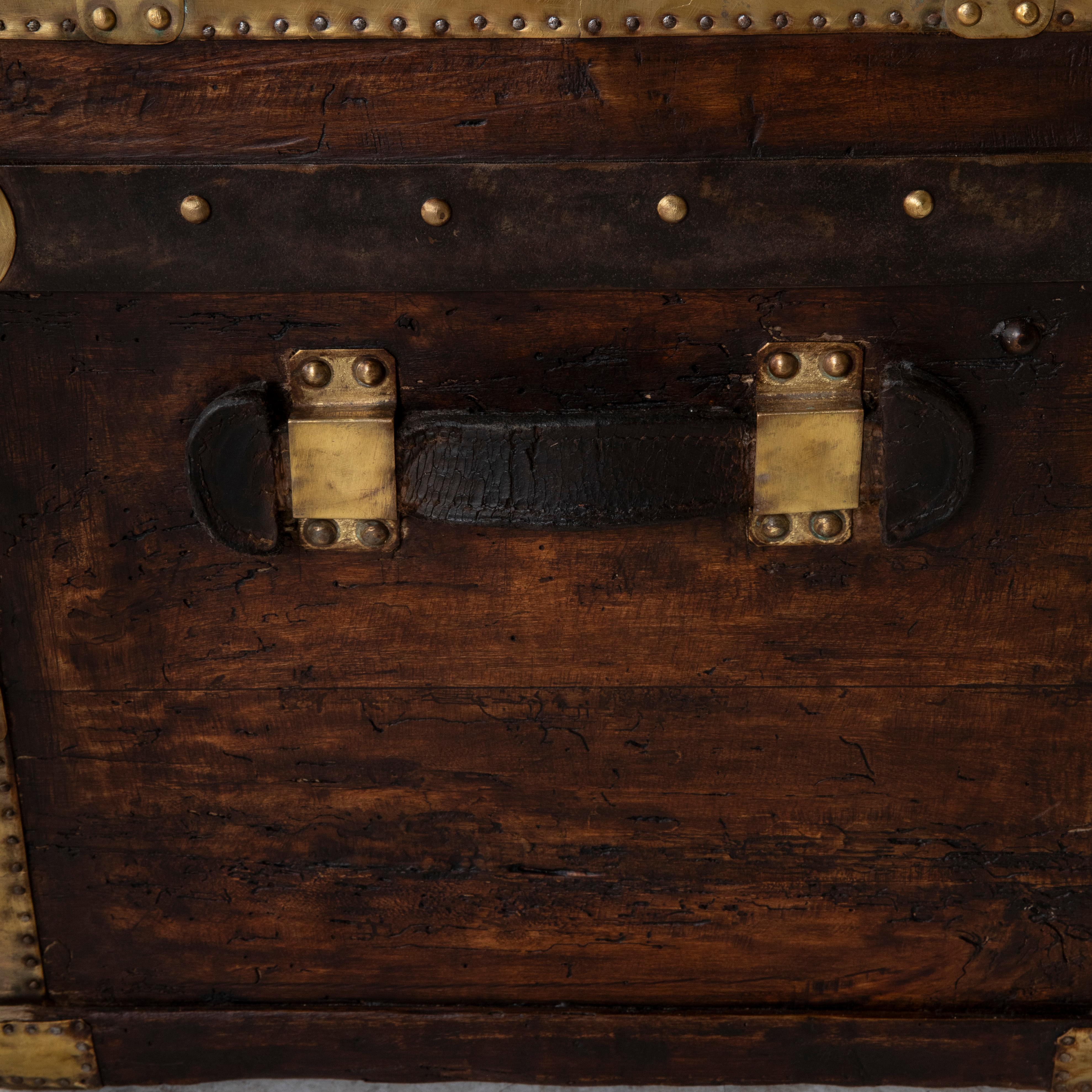 French Wooden Steam Trunk with Runners, Brass, Iron, Leather Details, circa 1880 For Sale 12