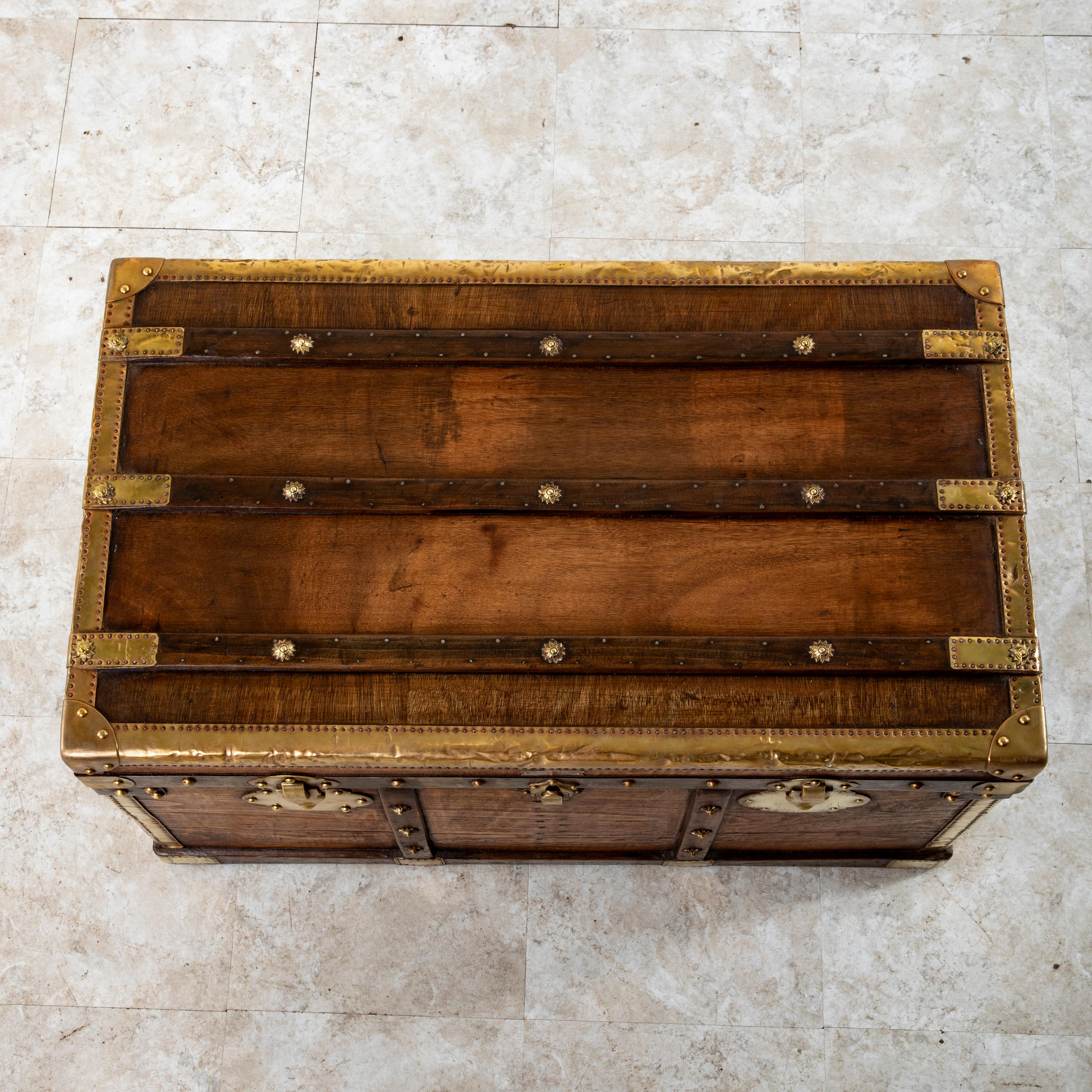 French Wooden Steam Trunk with Runners, Brass, Iron, Leather Details, circa 1880 For Sale 12