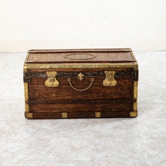 French Wooden Steam Trunk with Runners, Brass, Iron, Leather Details, circa 1880