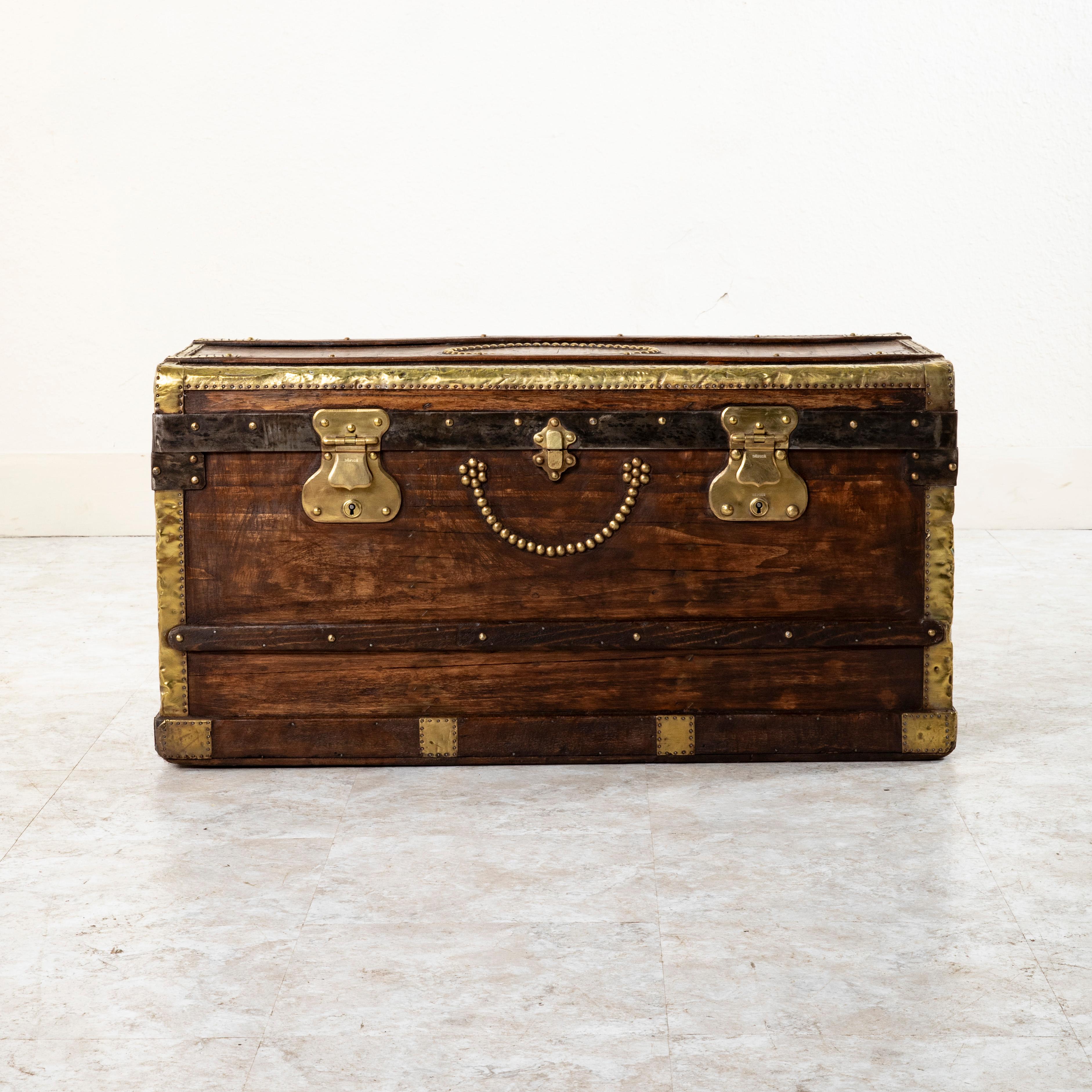 French Wooden Steam Trunk with Runners, Brass, Iron, Leather Details, circa 1880 In Good Condition For Sale In Fayetteville, AR