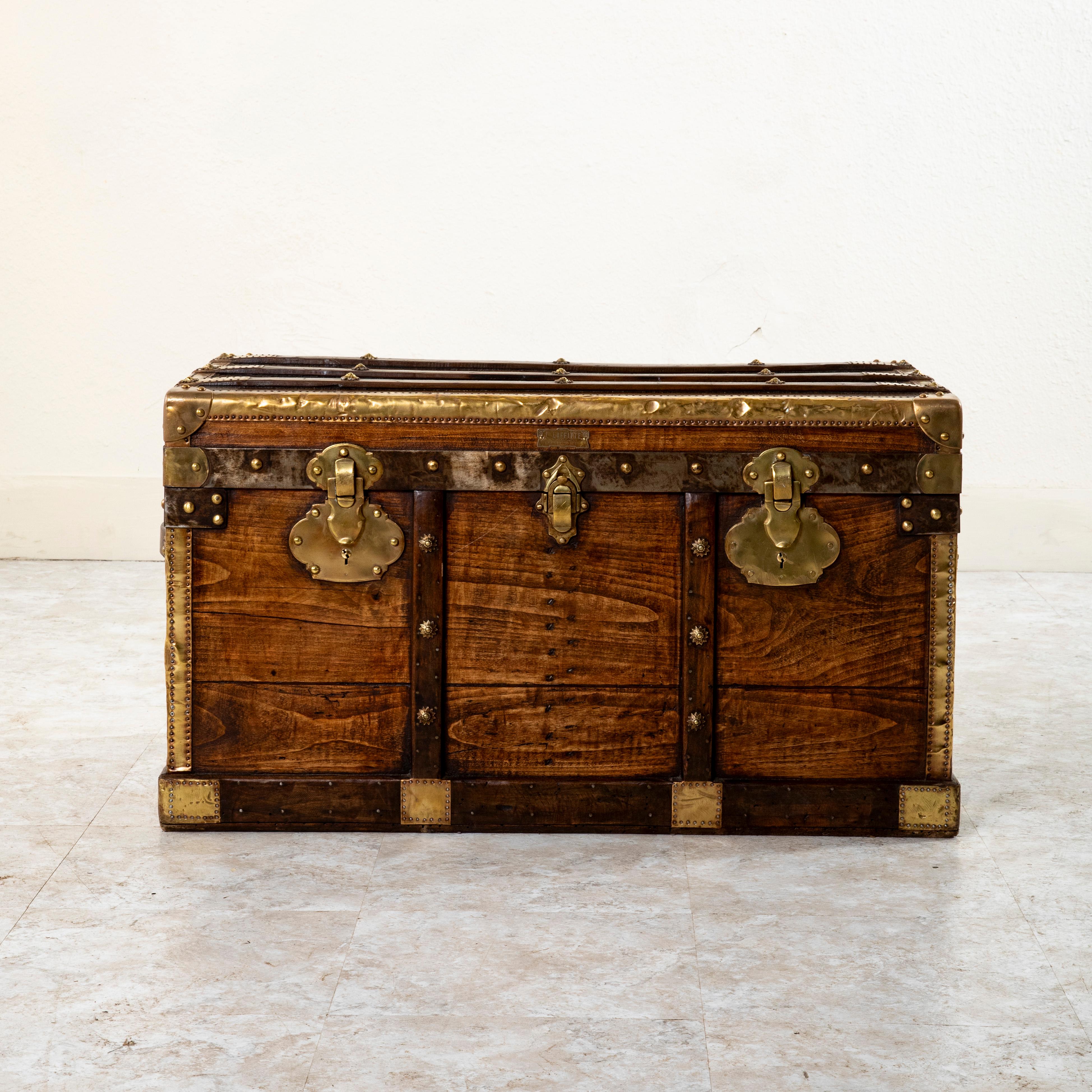 French Wooden Steam Trunk with Runners, Brass, Iron, Leather Details, circa 1880 In Good Condition For Sale In Fayetteville, AR
