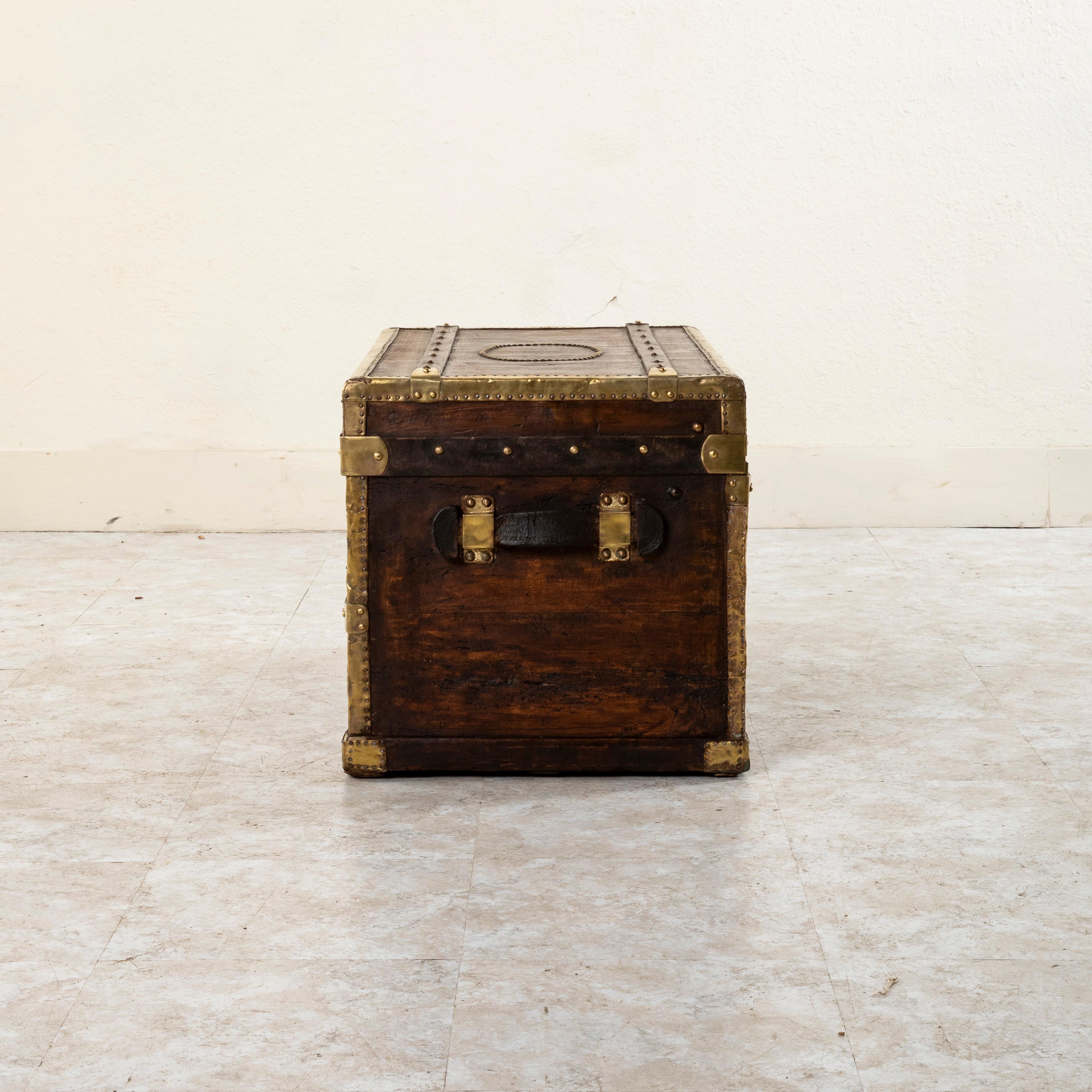 19th Century French Wooden Steam Trunk with Runners, Brass, Iron, Leather Details, circa 1880 For Sale