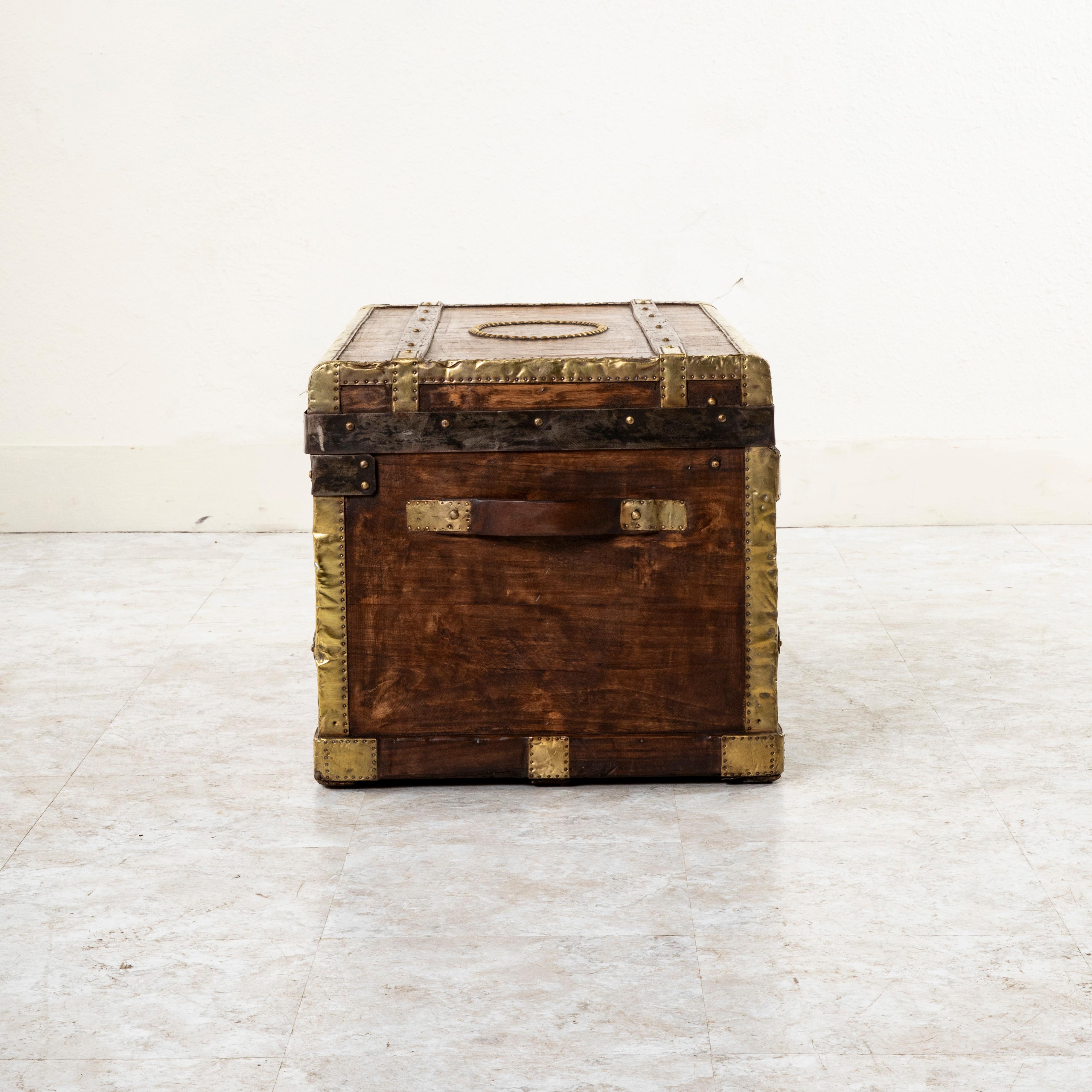 19th Century French Wooden Steam Trunk with Runners, Brass, Iron, Leather Details, circa 1880 For Sale