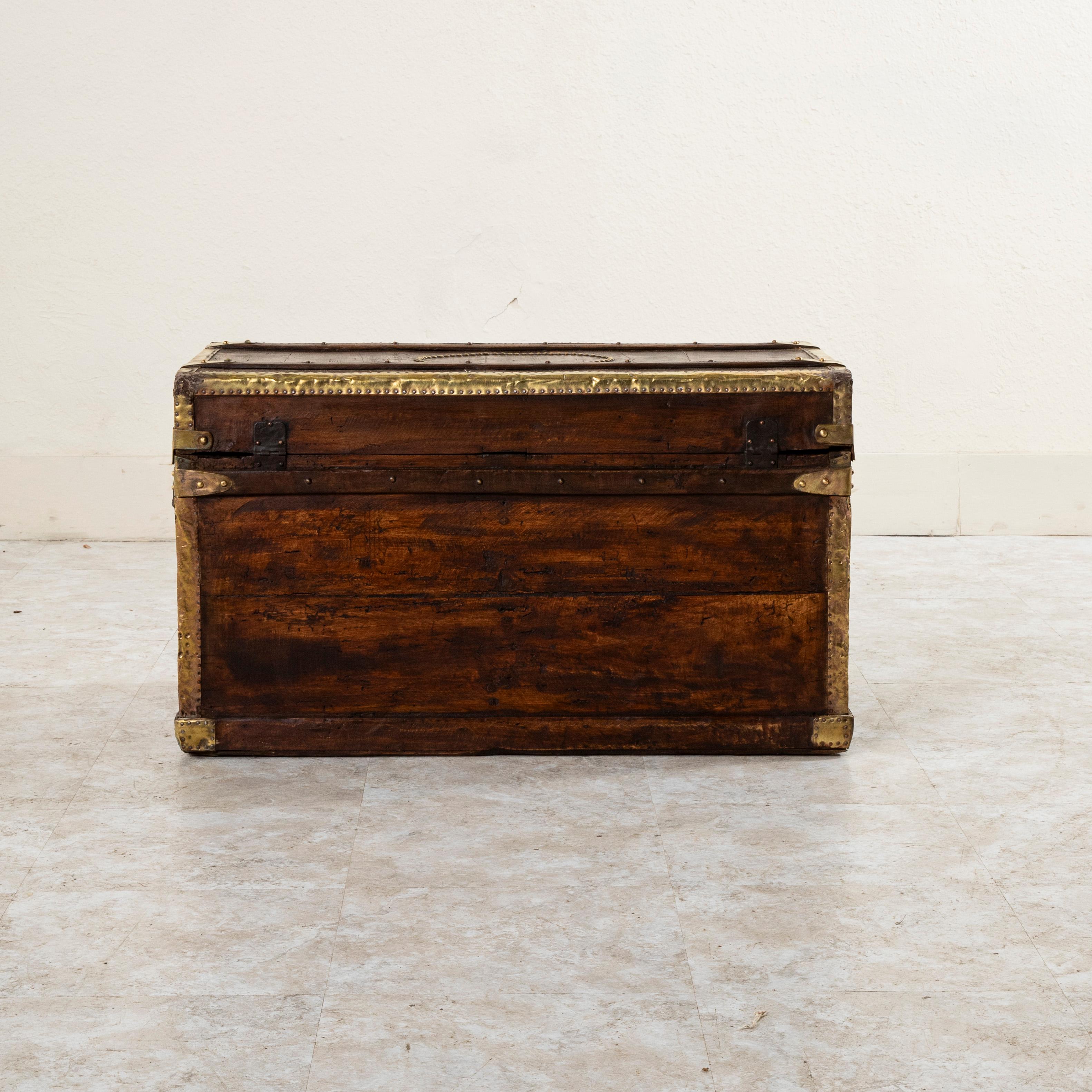 French Wooden Steam Trunk with Runners, Brass, Iron, Leather Details, circa 1880 For Sale 1
