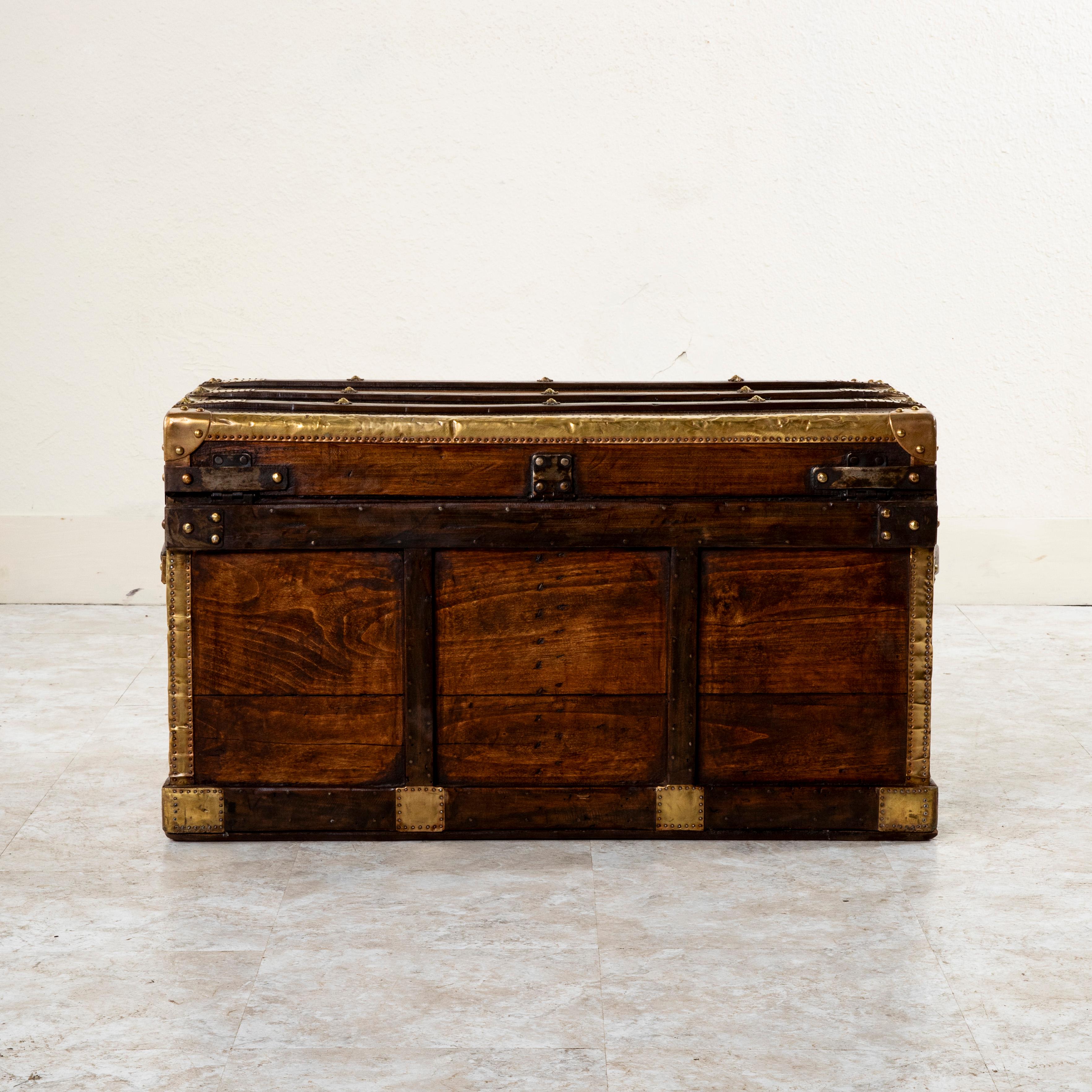 French Wooden Steam Trunk with Runners, Brass, Iron, Leather Details, circa 1880 For Sale 1