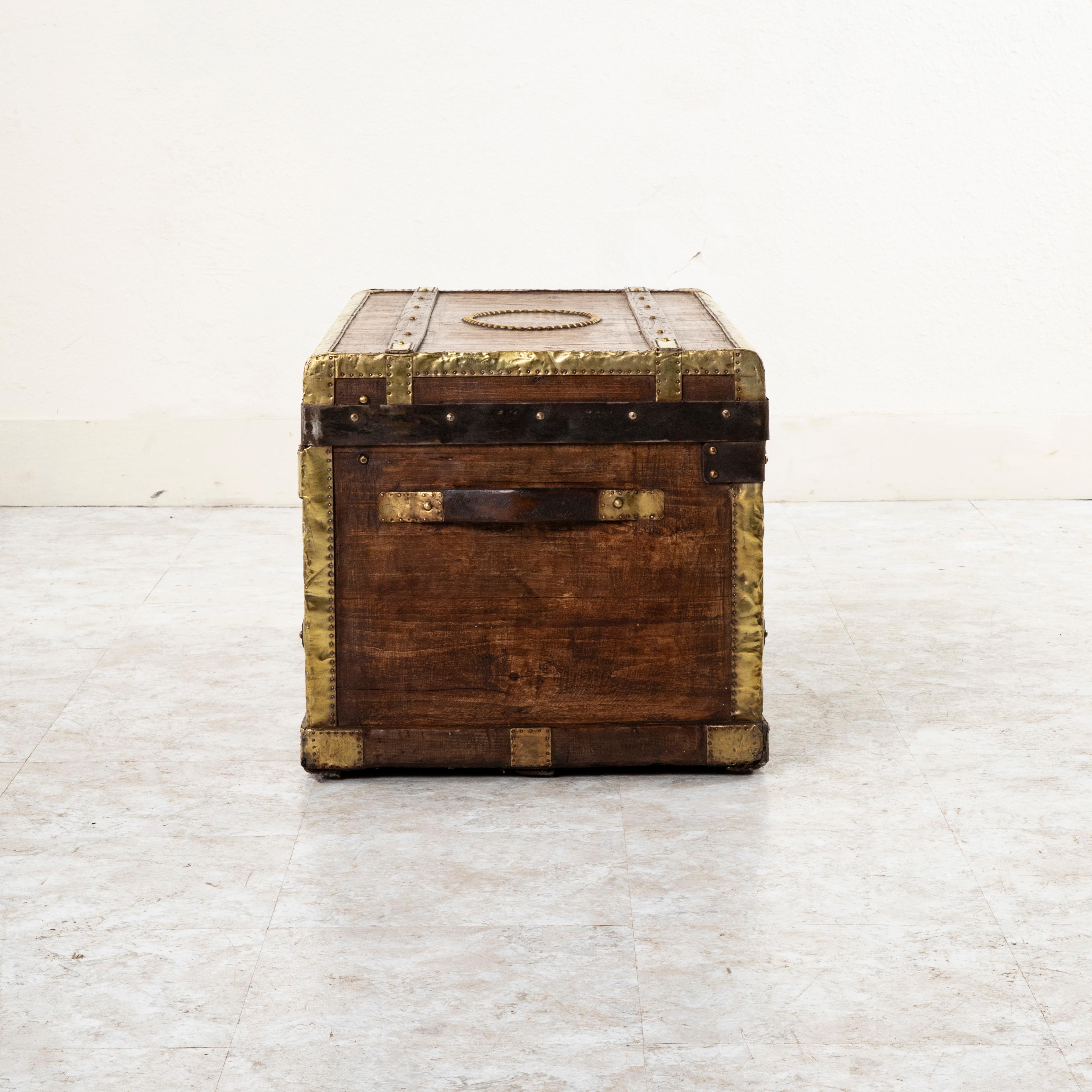 French Wooden Steam Trunk with Runners, Brass, Iron, Leather Details, circa 1880 For Sale 2