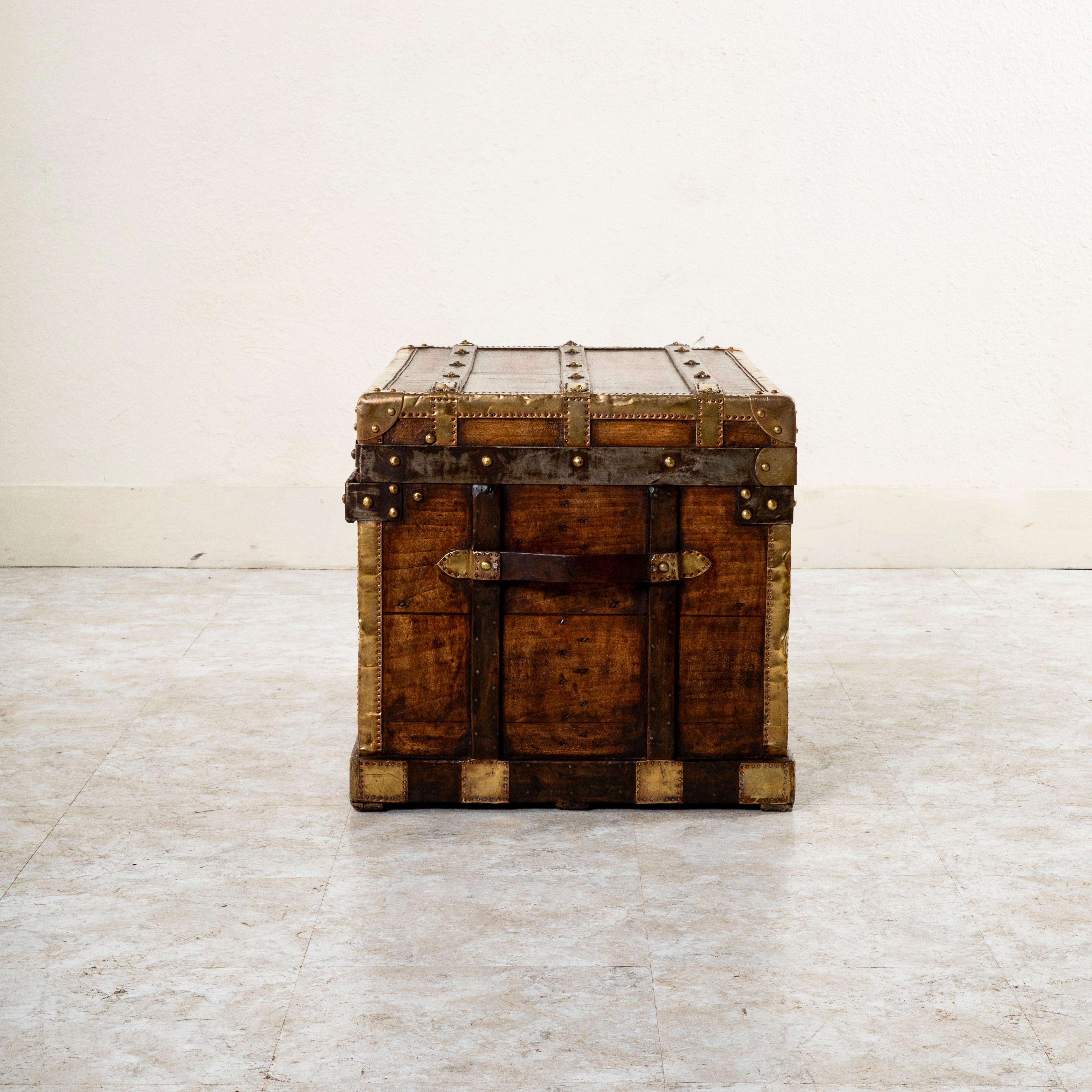 French Wooden Steam Trunk with Runners, Brass, Iron, Leather Details, circa 1880 For Sale 2