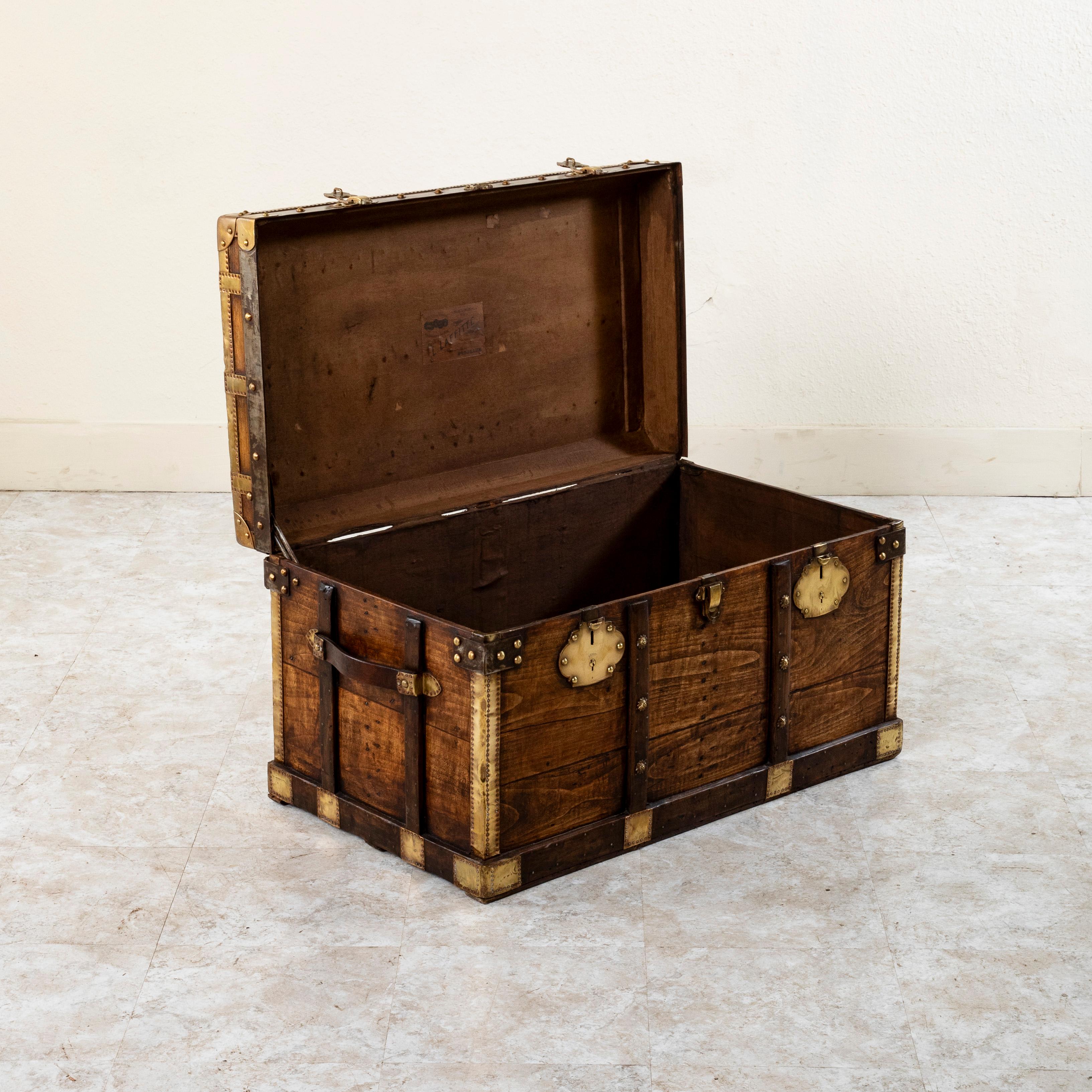 French Wooden Steam Trunk with Runners, Brass, Iron, Leather Details, circa 1880 For Sale 3