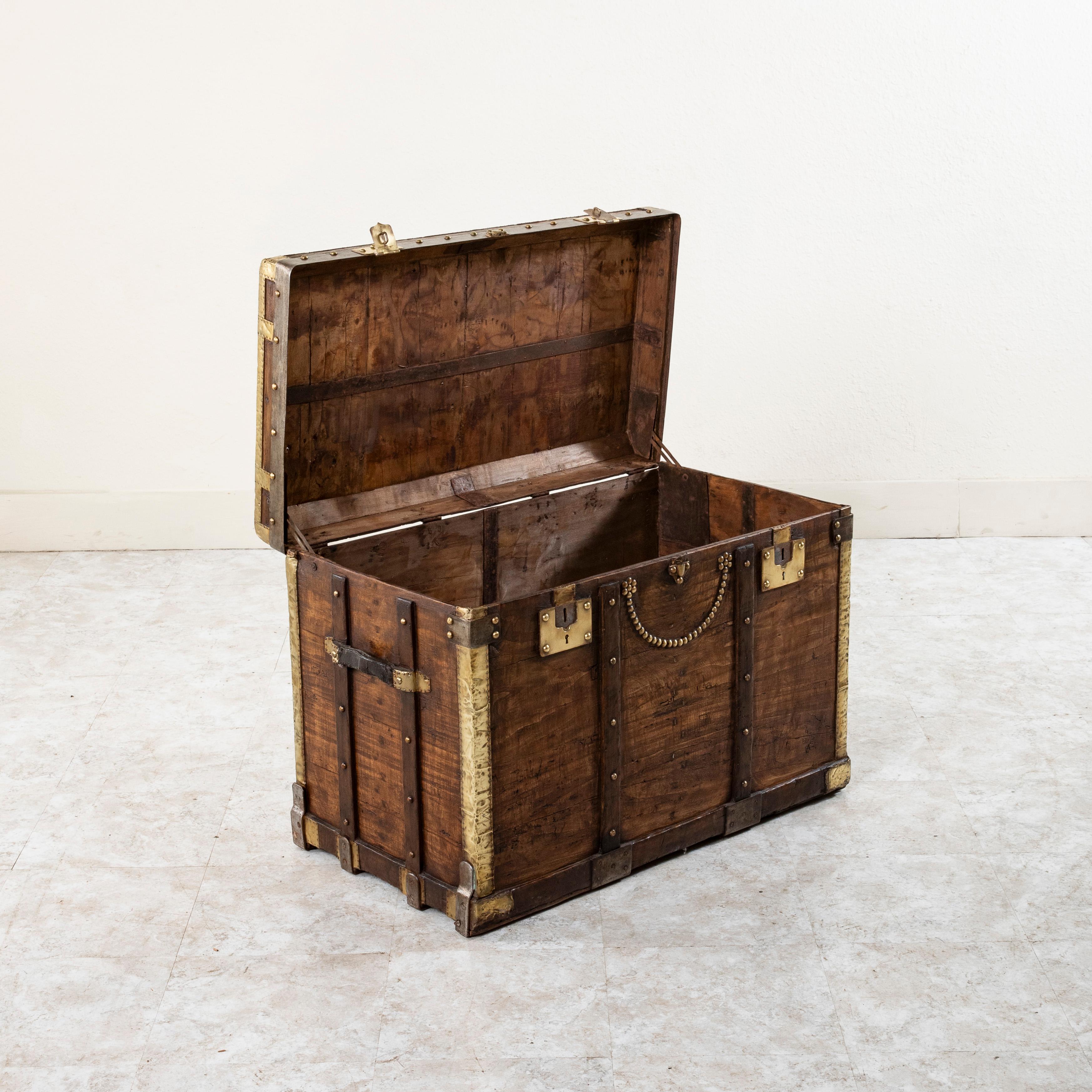 French Wooden Steam Trunk with Runners, Brass, Iron, Leather Details, circa 1880 For Sale 3