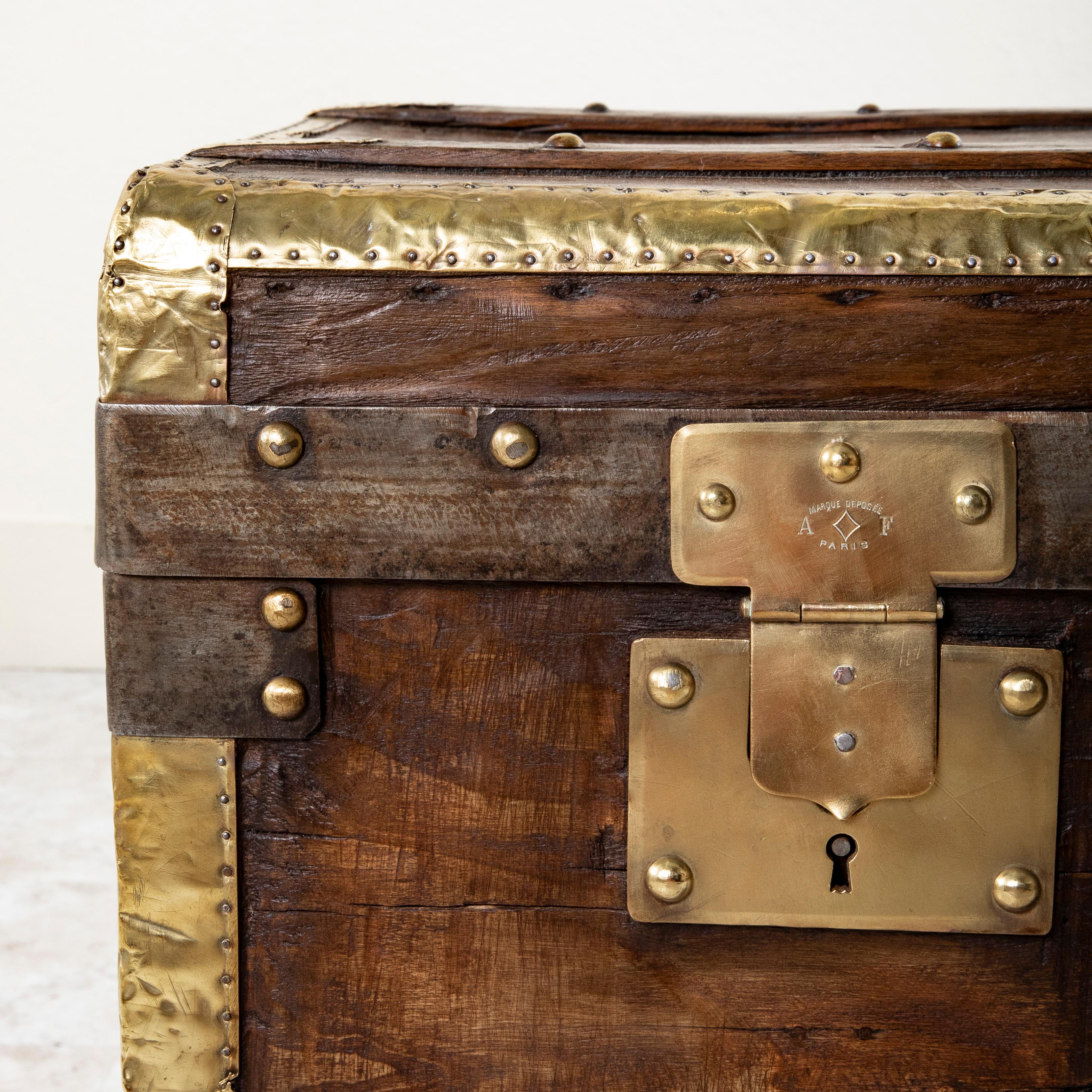 French Wooden Steam Trunk with Runners, Brass, Iron, Leather Details, circa 1880 For Sale 5