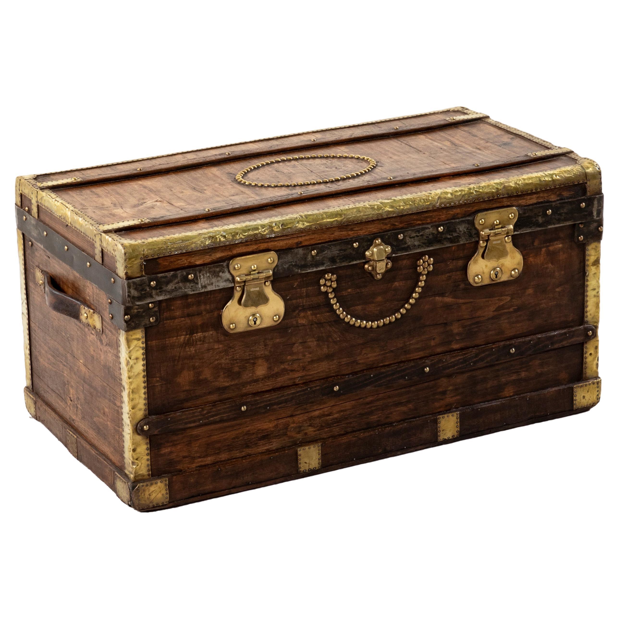 French Wooden Steam Trunk with Runners, Brass, Iron, Leather Details, circa 1880