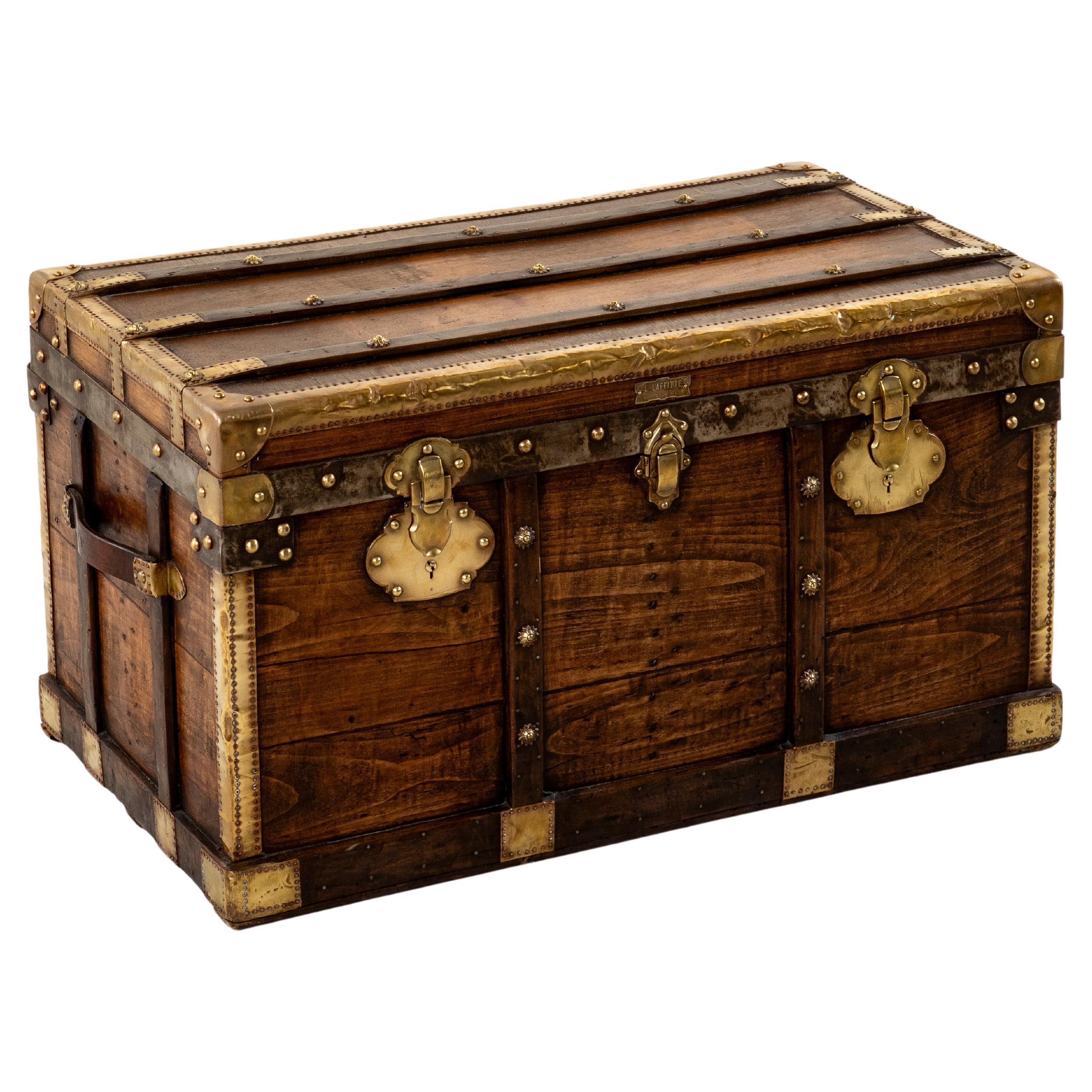 French Wooden Steam Trunk with Runners, Brass, Iron, Leather Details, circa 1880