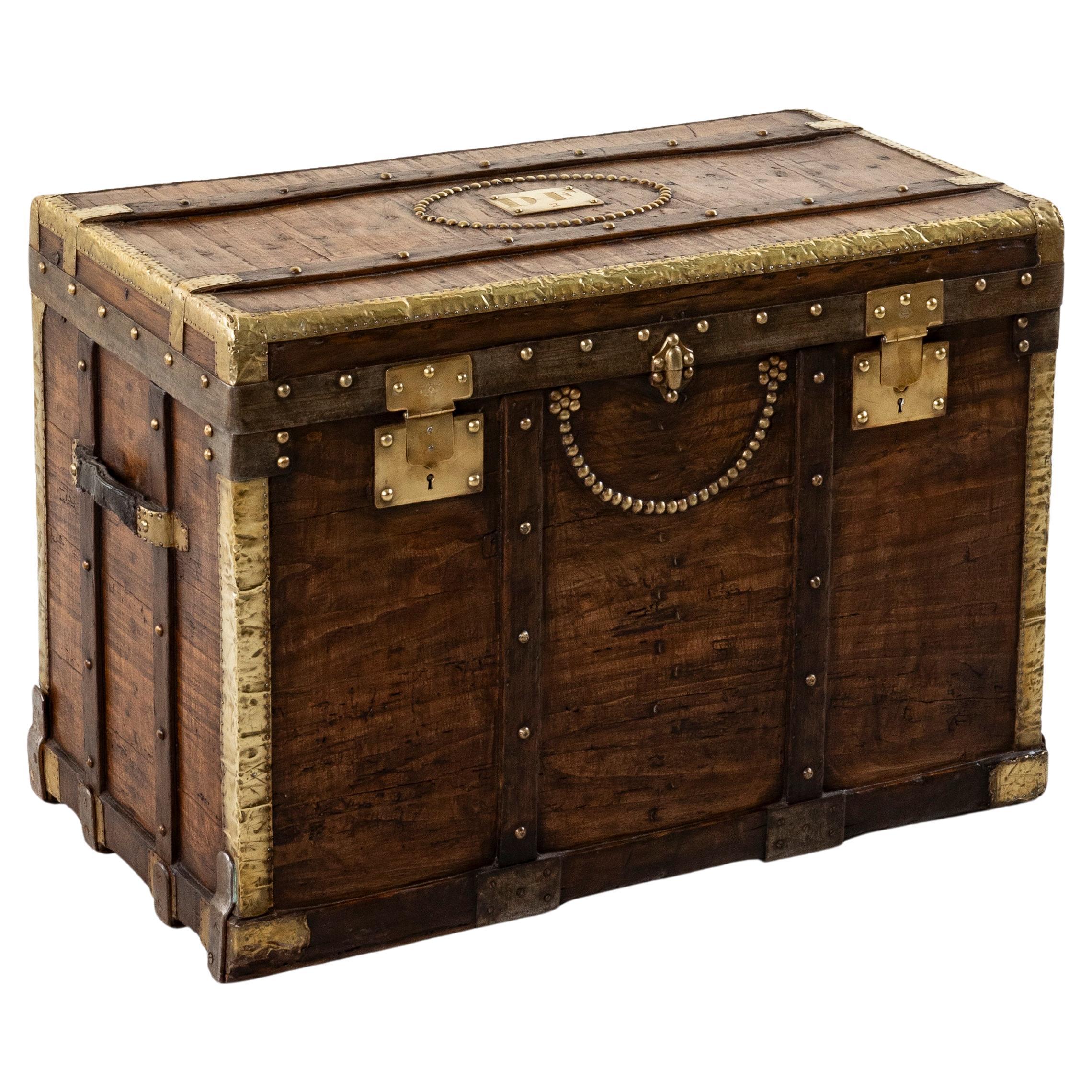 French Wooden Steam Trunk with Runners, Brass, Iron, Leather Details, circa 1880 For Sale