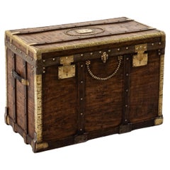 Antique French Wooden Steam Trunk with Runners, Brass, Iron, Leather Details, circa 1880