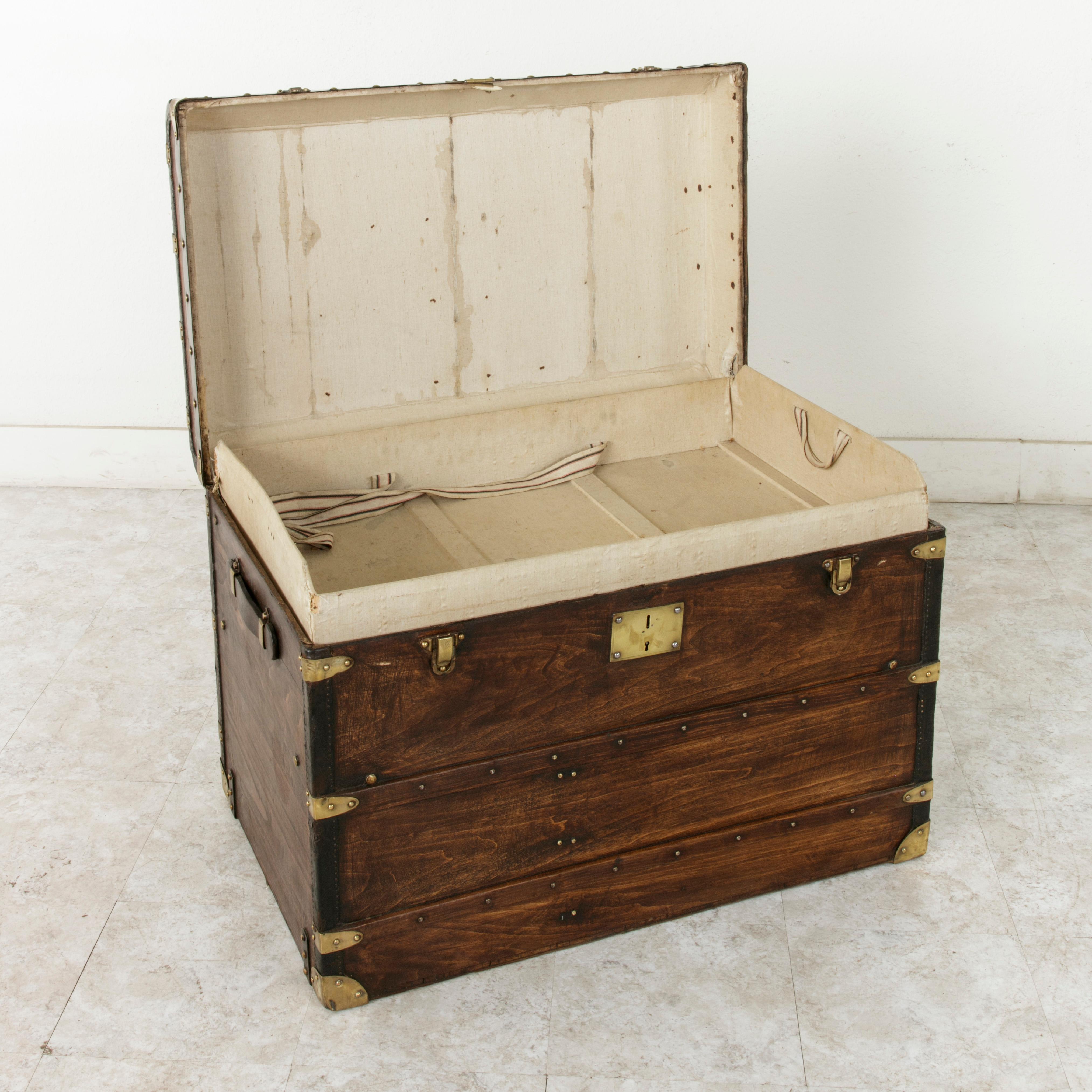 French Wooden Steam Trunk with Runners, Brass, Iron, Leather Details, circa 1900 8