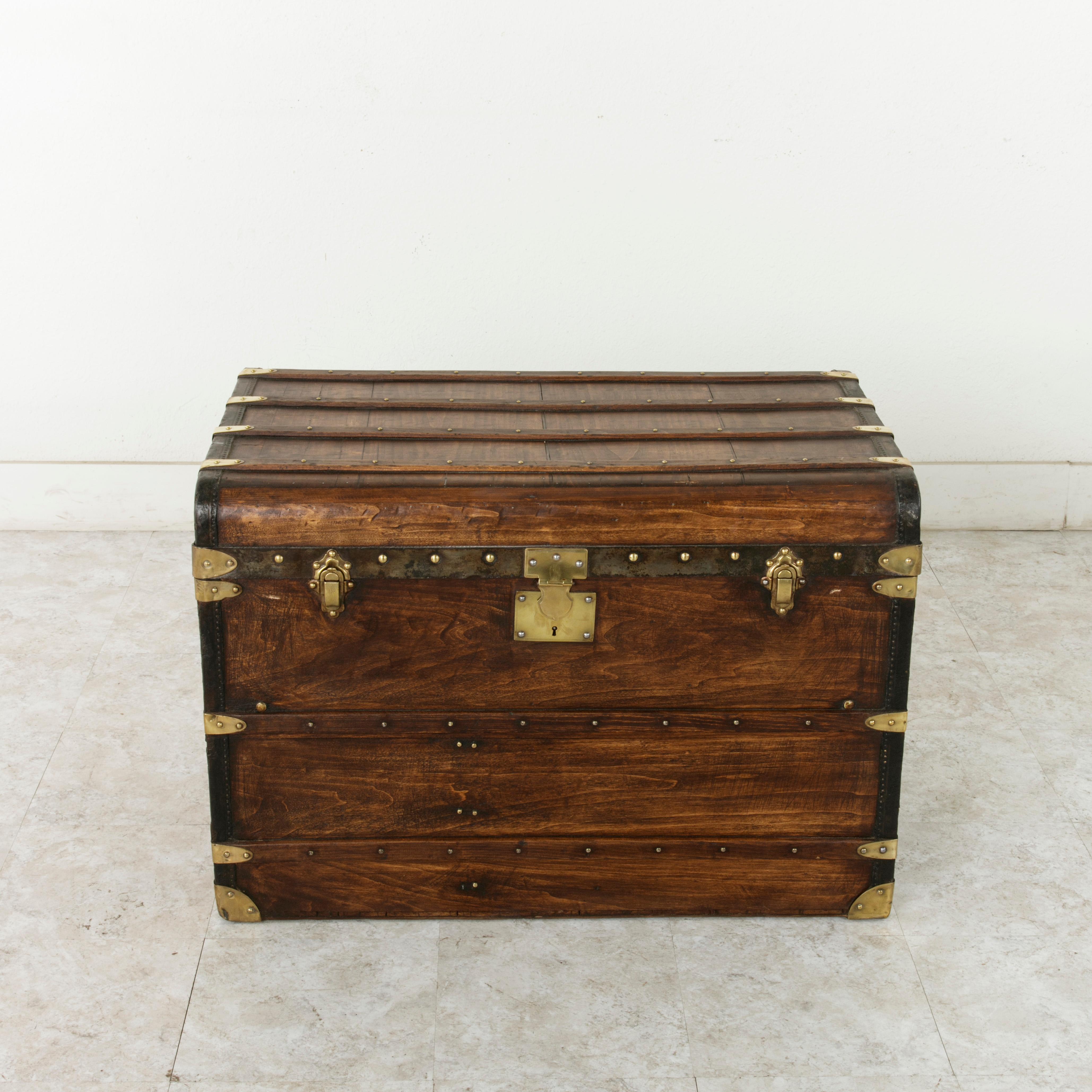 French Wooden Steam Trunk with Runners, Brass, Iron, Leather Details, circa 1900 In Good Condition In Fayetteville, AR