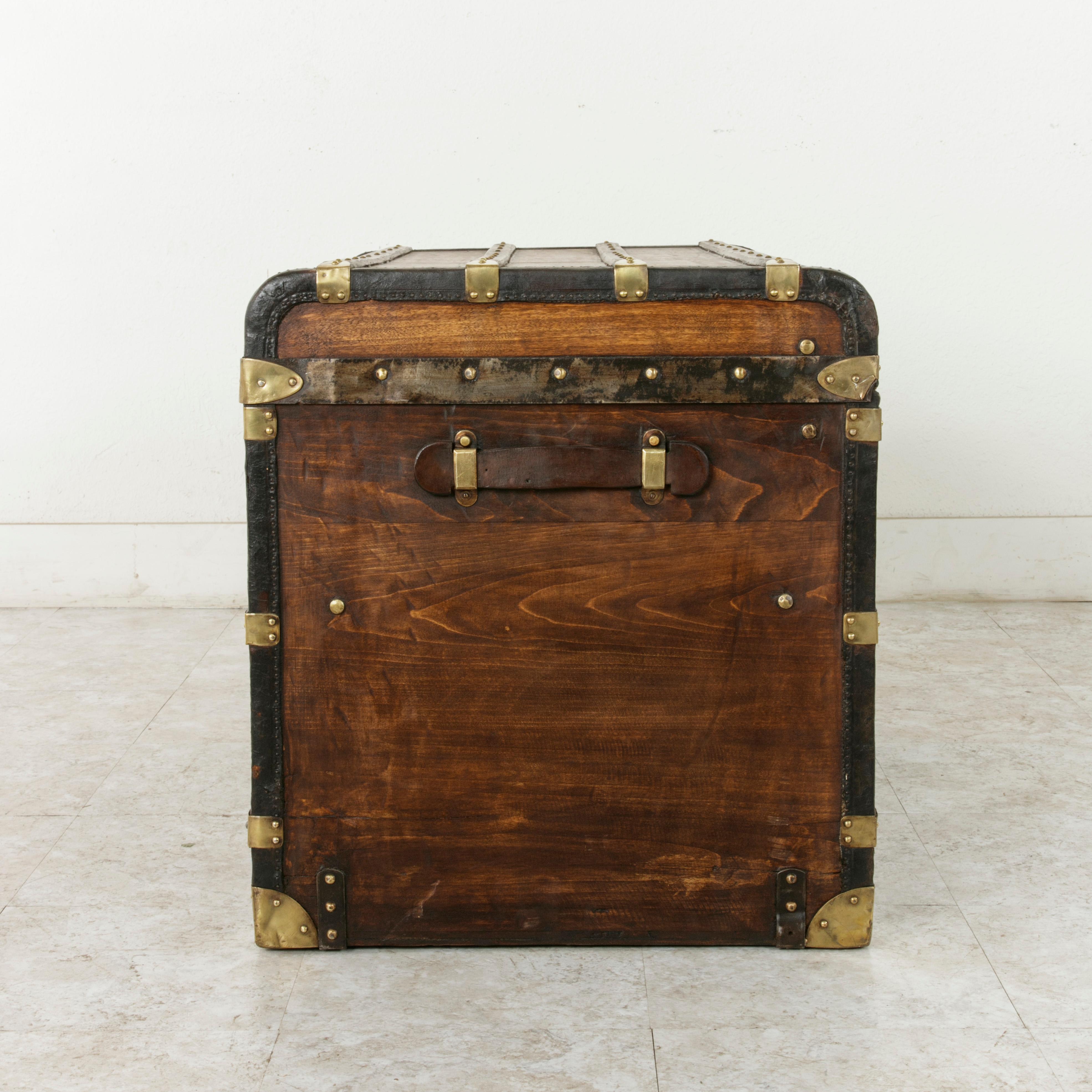 Early 20th Century French Wooden Steam Trunk with Runners, Brass, Iron, Leather Details, circa 1900