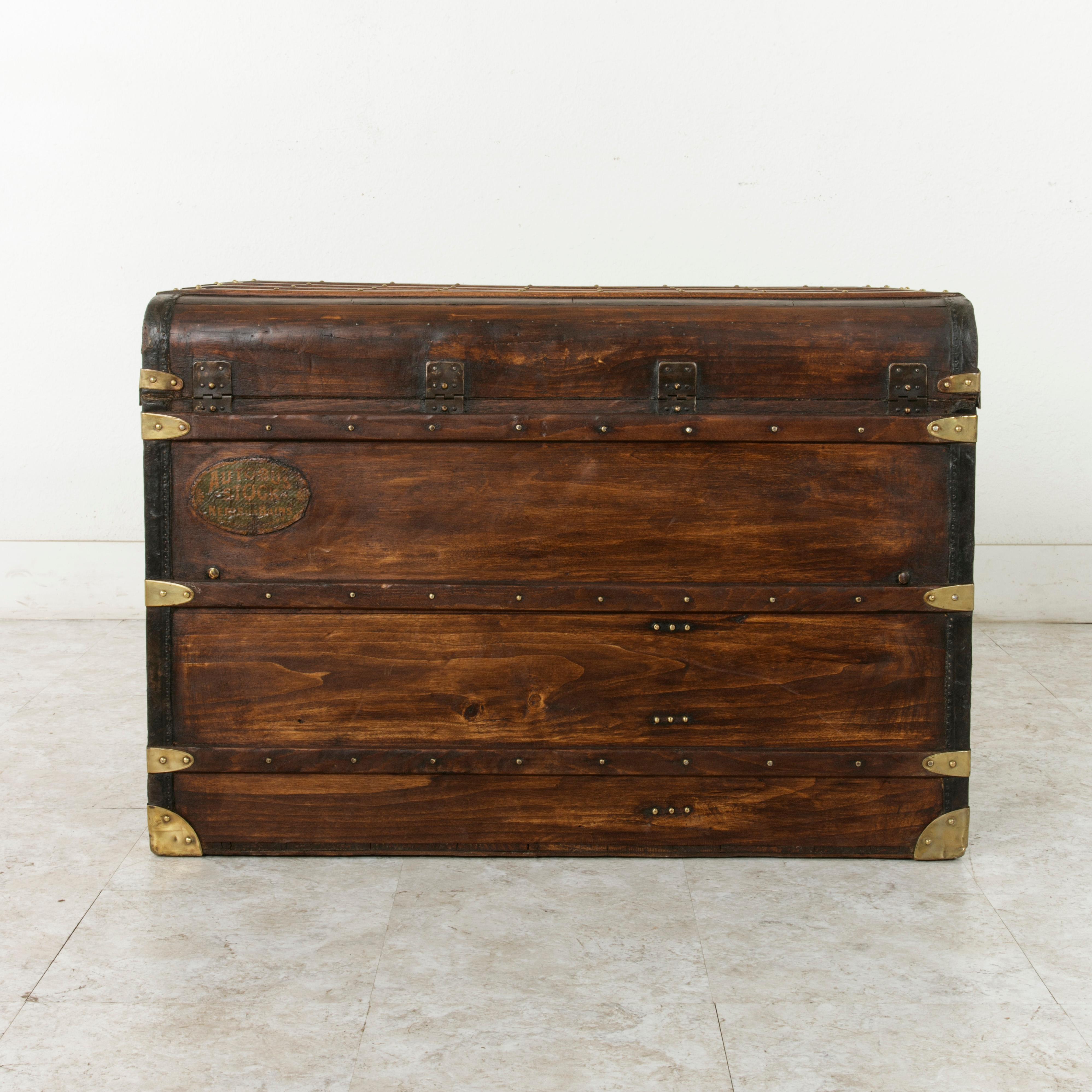 French Wooden Steam Trunk with Runners, Brass, Iron, Leather Details, circa 1900 1