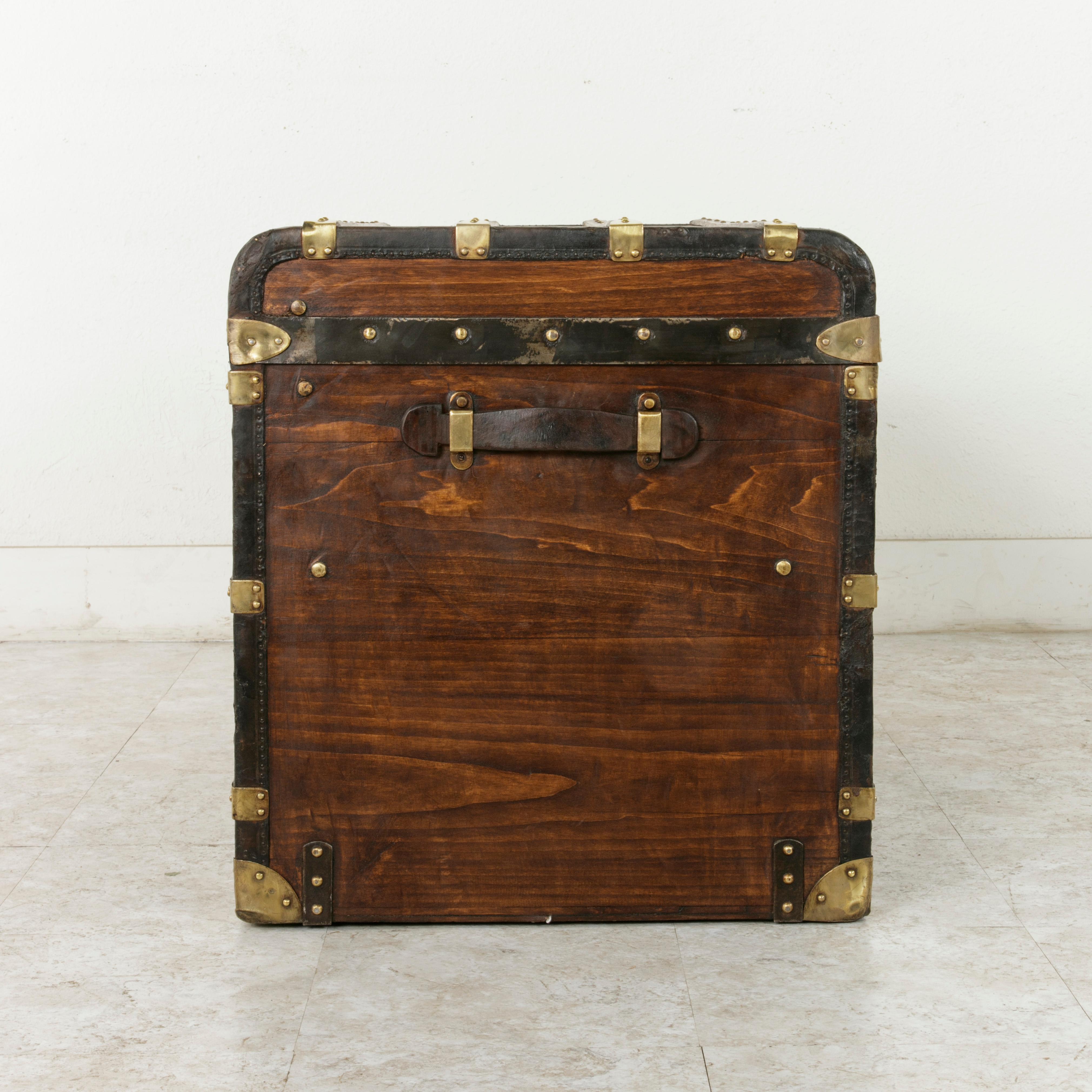 French Wooden Steam Trunk with Runners, Brass, Iron, Leather Details, circa 1900 2