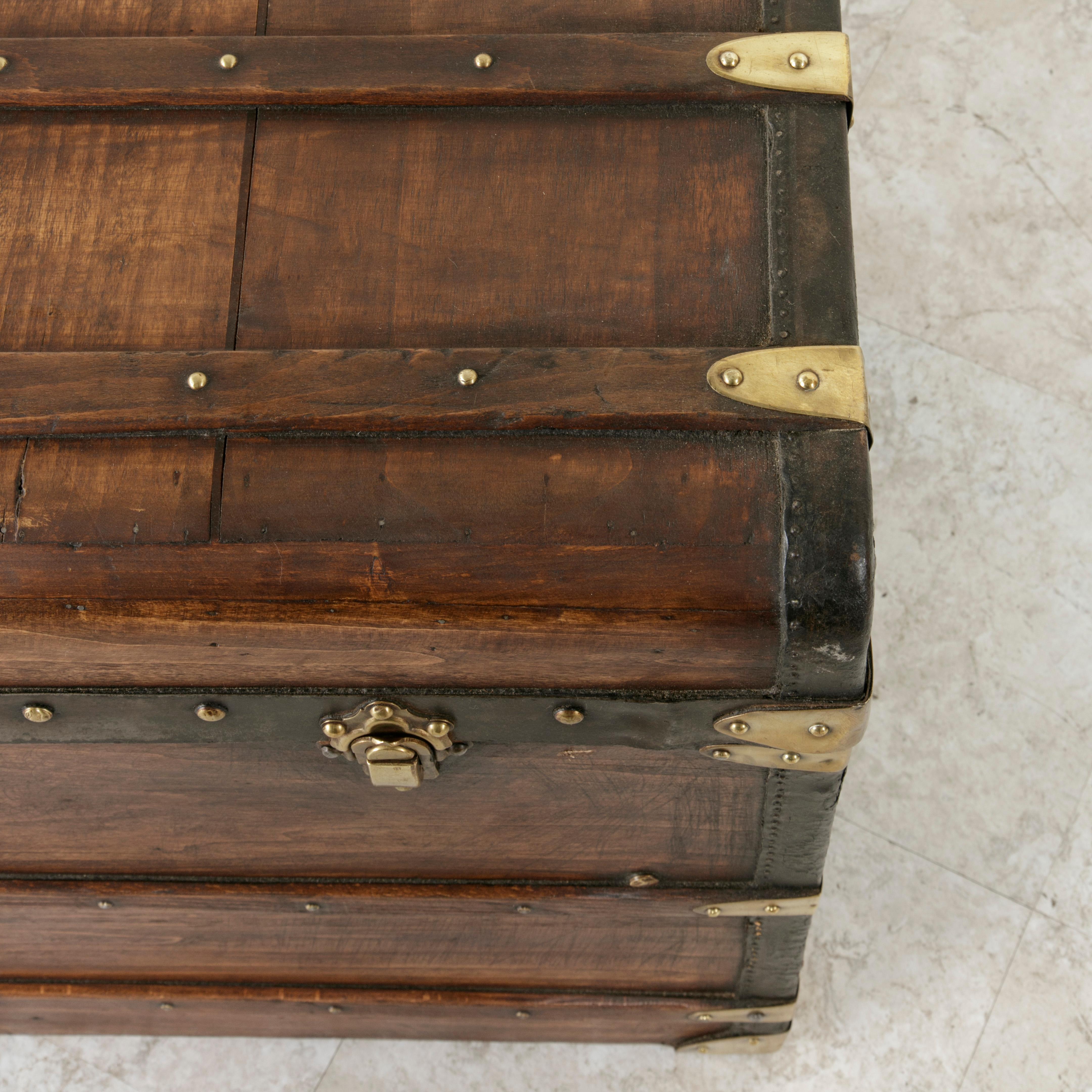 French Wooden Steam Trunk with Runners, Brass, Iron, Leather Details, circa 1900 3