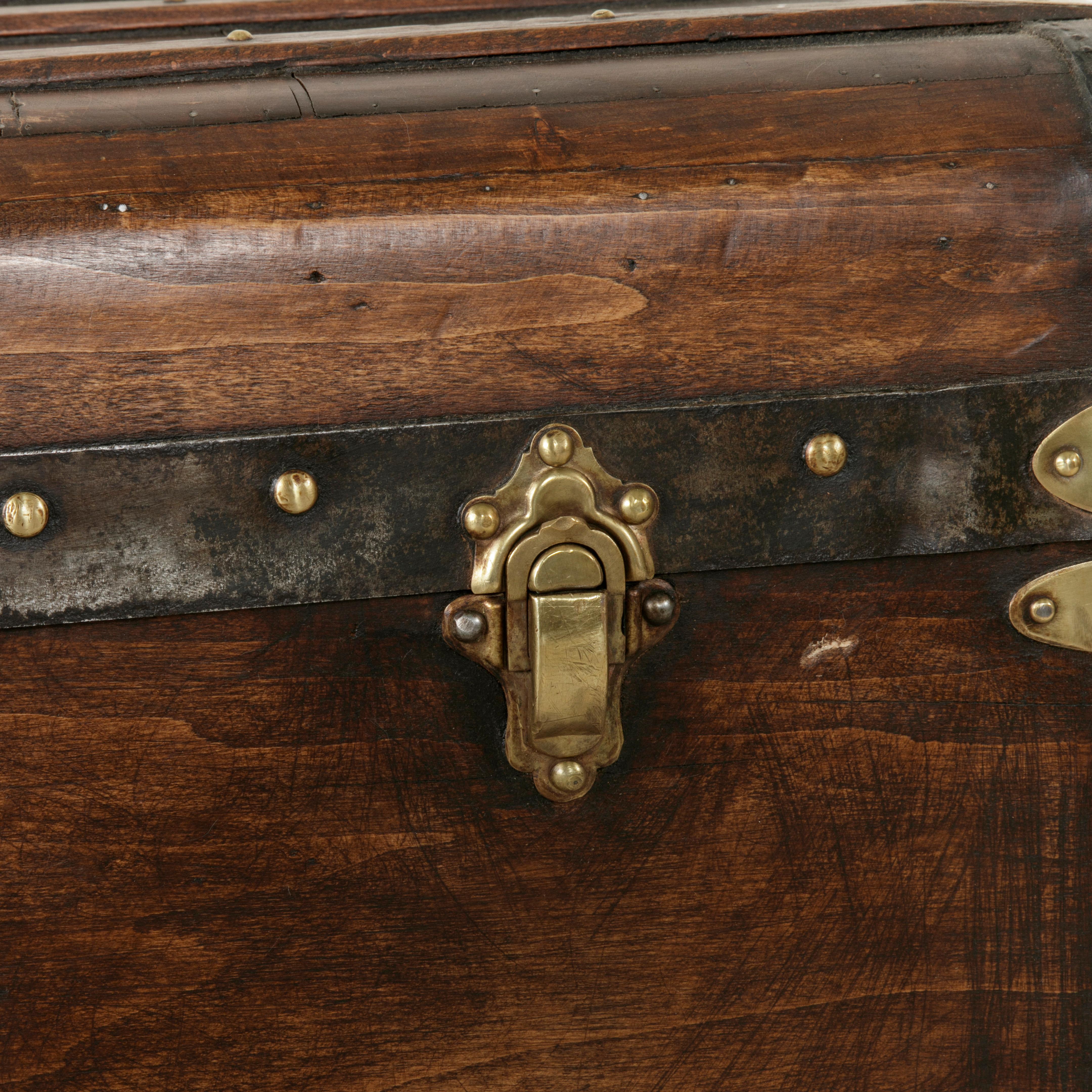 French Wooden Steam Trunk with Runners, Brass, Iron, Leather Details, circa 1900 4