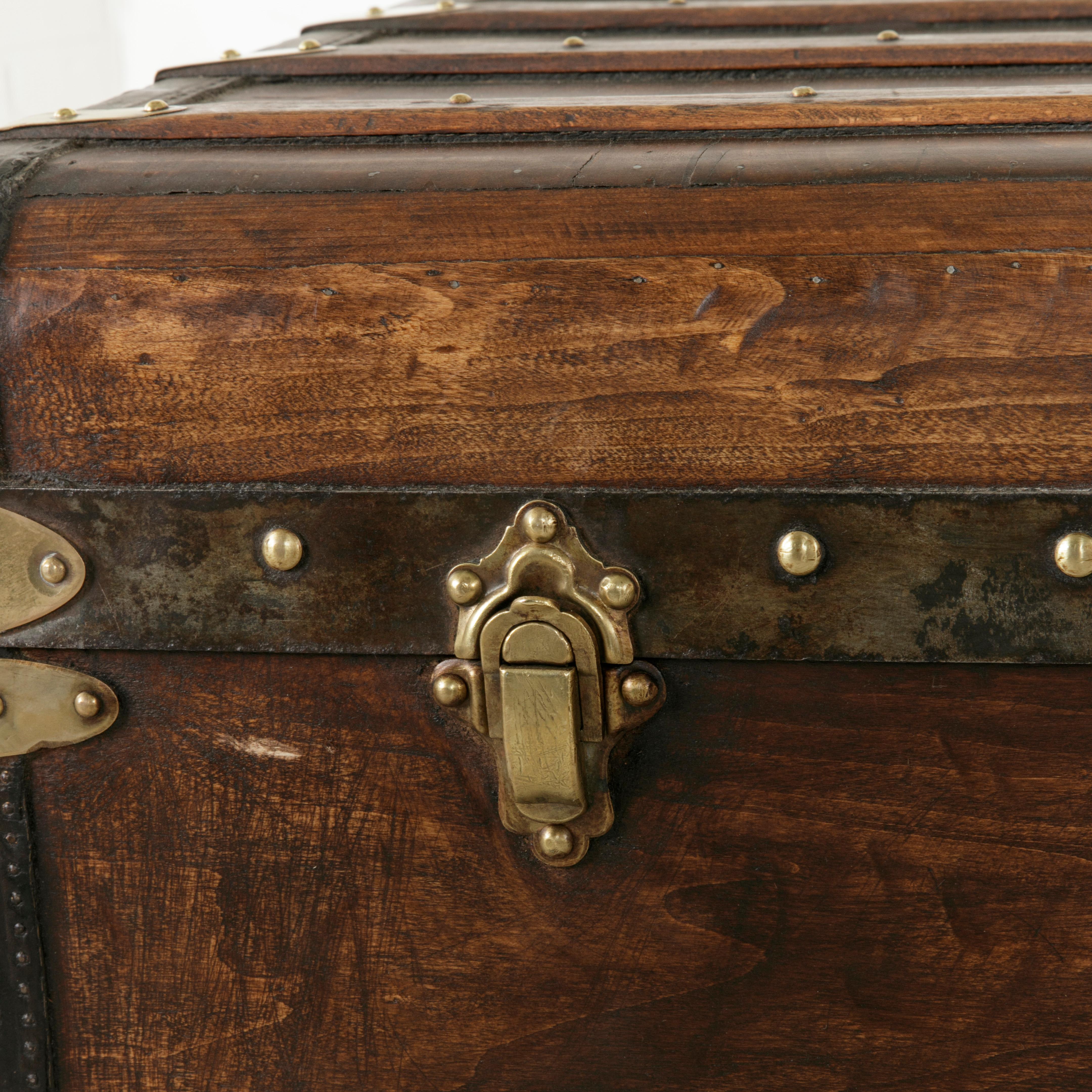 French Wooden Steam Trunk with Runners, Brass, Iron, Leather Details, circa 1900 5