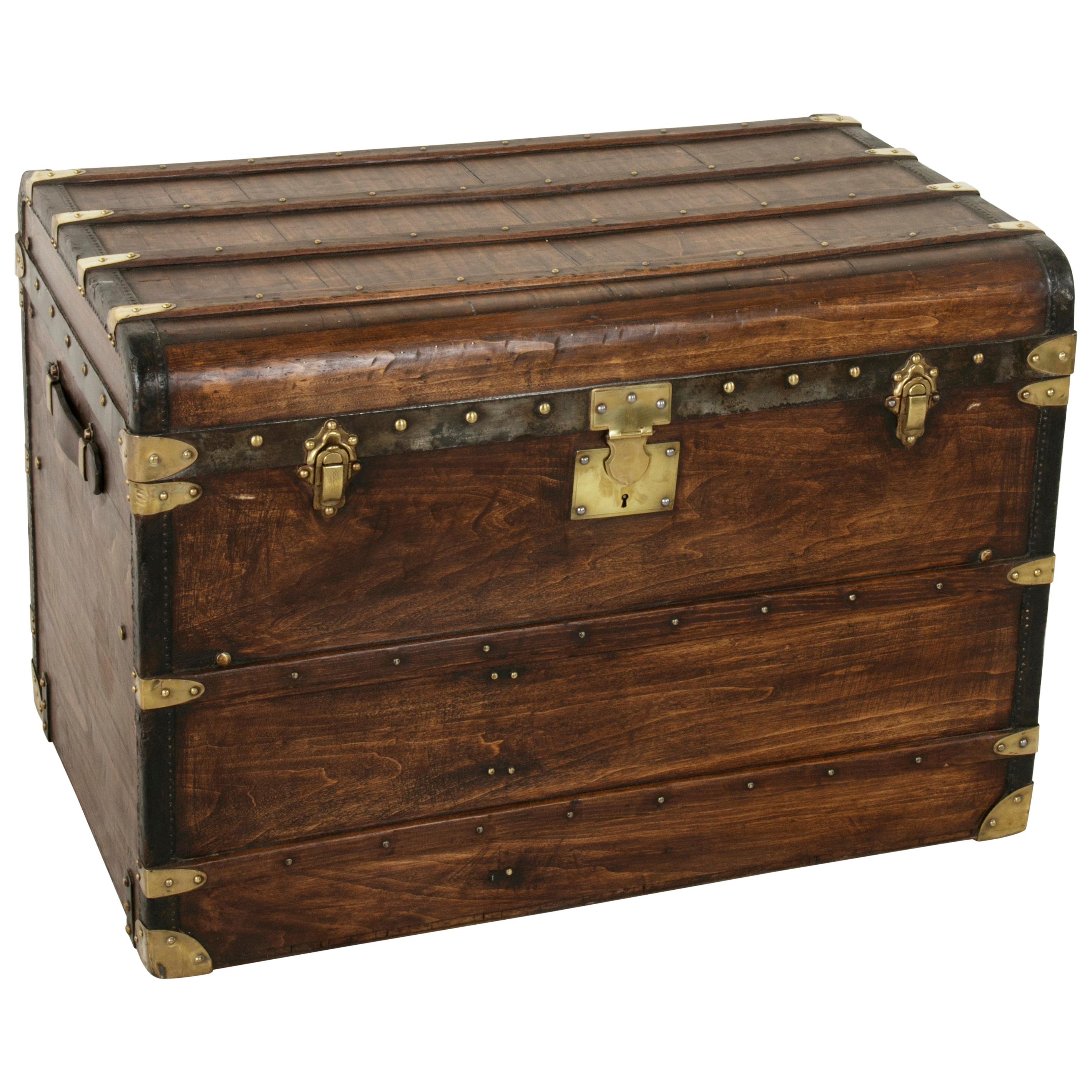 French Wooden Steam Trunk with Runners, Brass, Iron, Leather Details, circa 1900