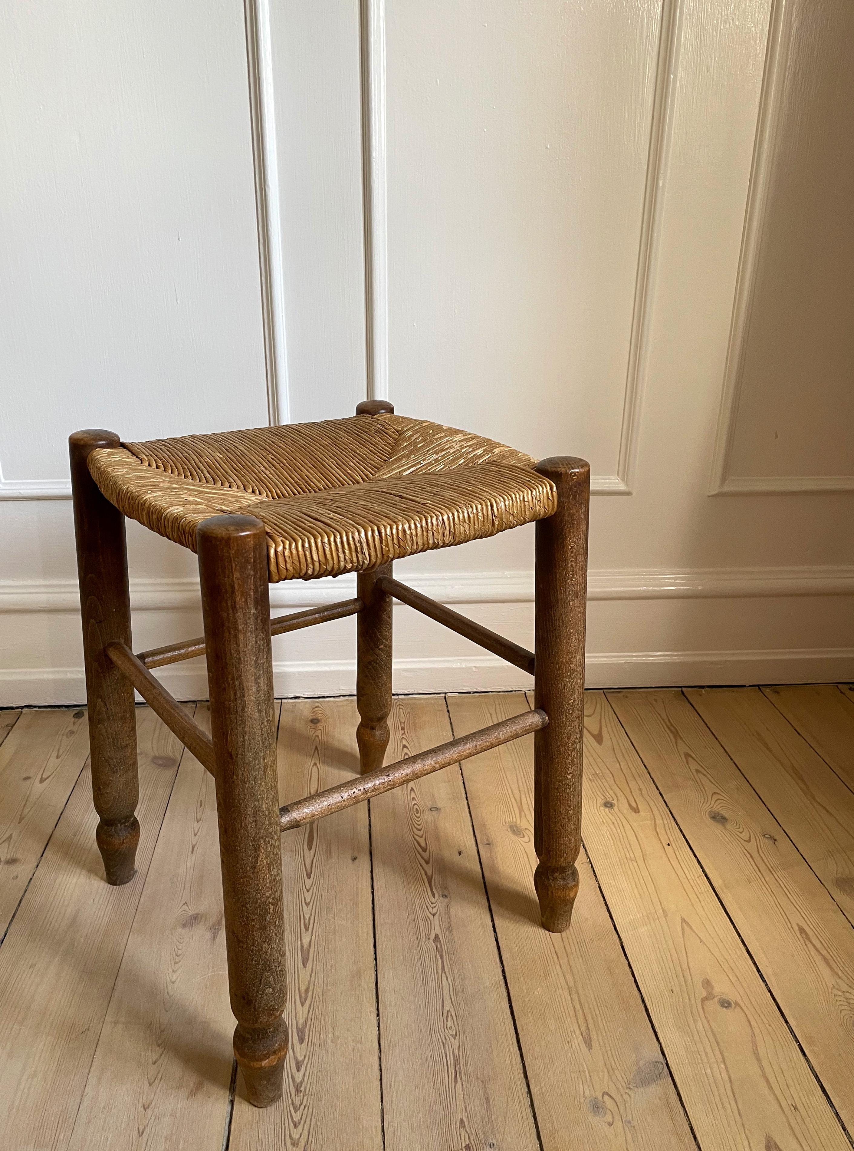 Mid-Century Modern 1950s Charlotte Perriand Style Straw Bauche Stool For Sale