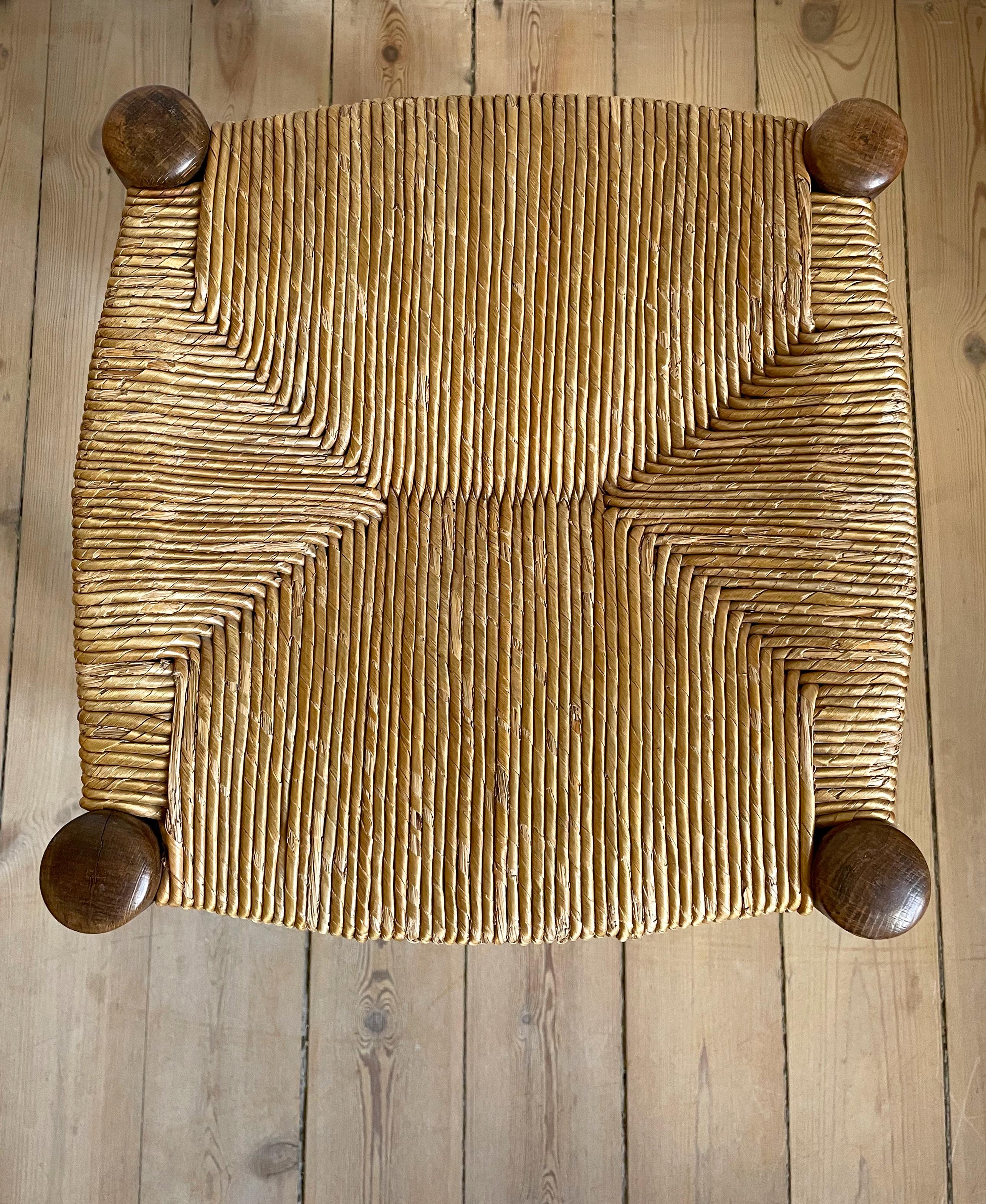 French 1950s Charlotte Perriand Style Straw Bauche Stool For Sale