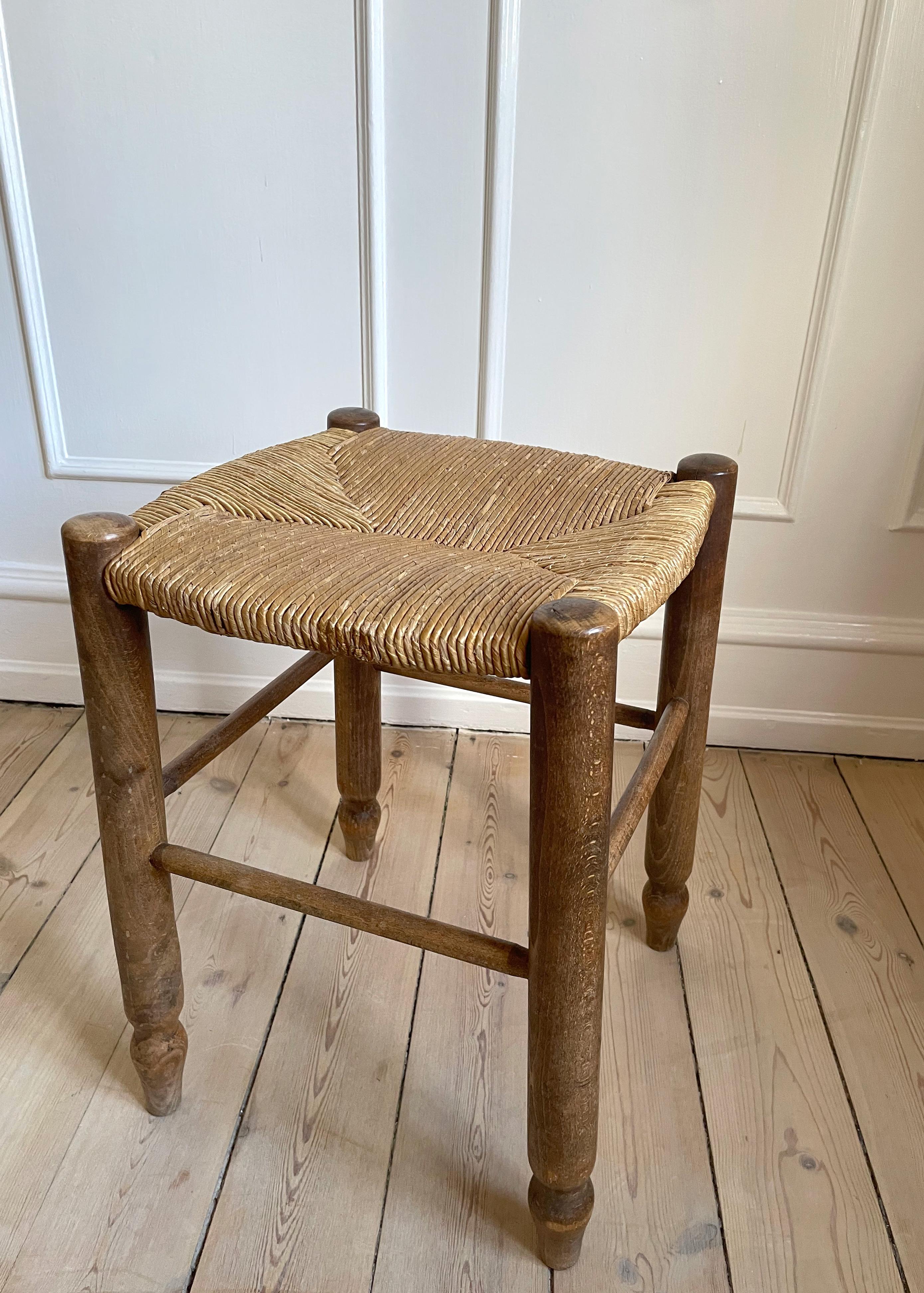Hand-Crafted 1950s Charlotte Perriand Style Straw Bauche Stool For Sale